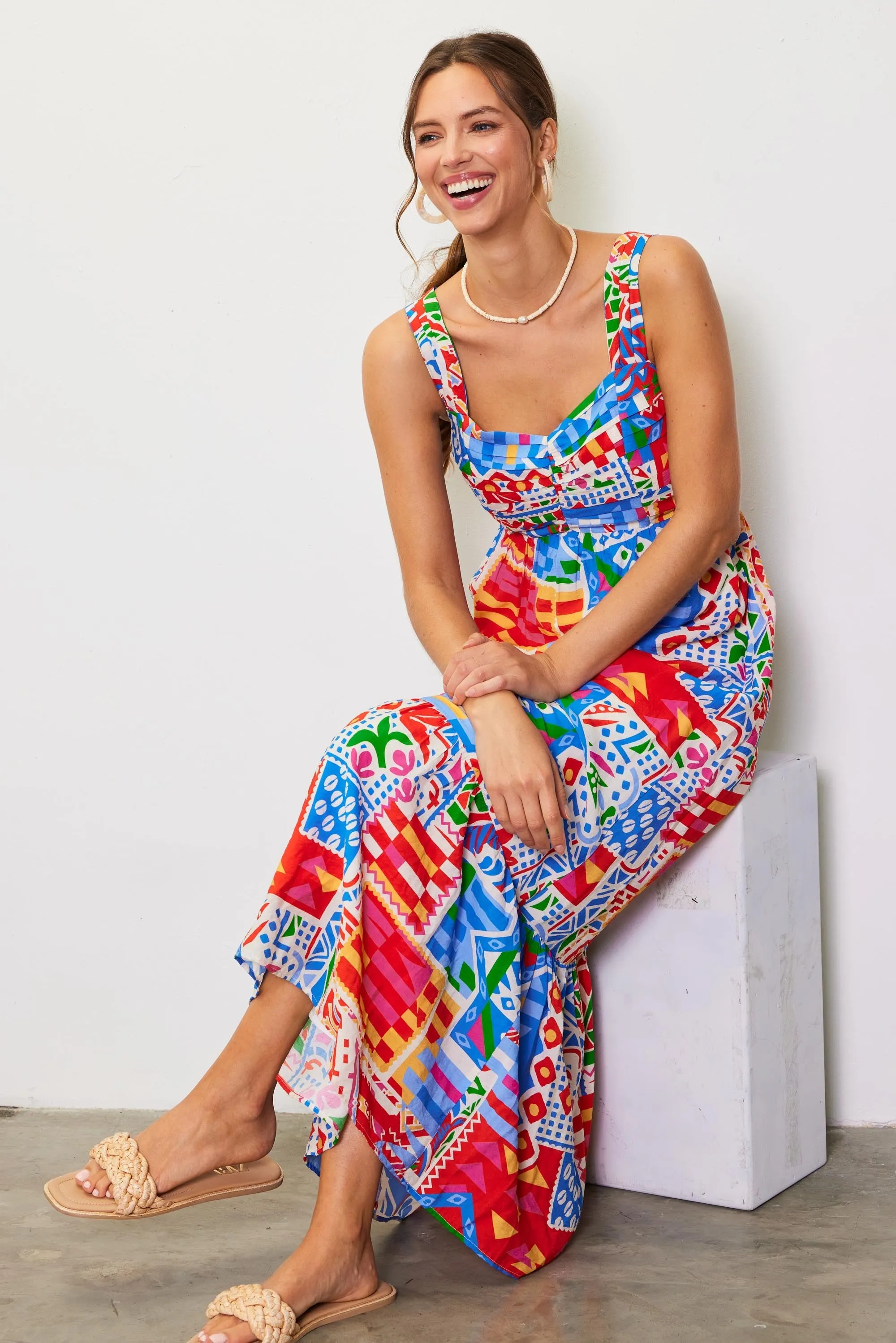 Blue Multi-Color Abstract Print Tiered Maternity Maxi Dress sold by Pinkblush product image thumbnail 4