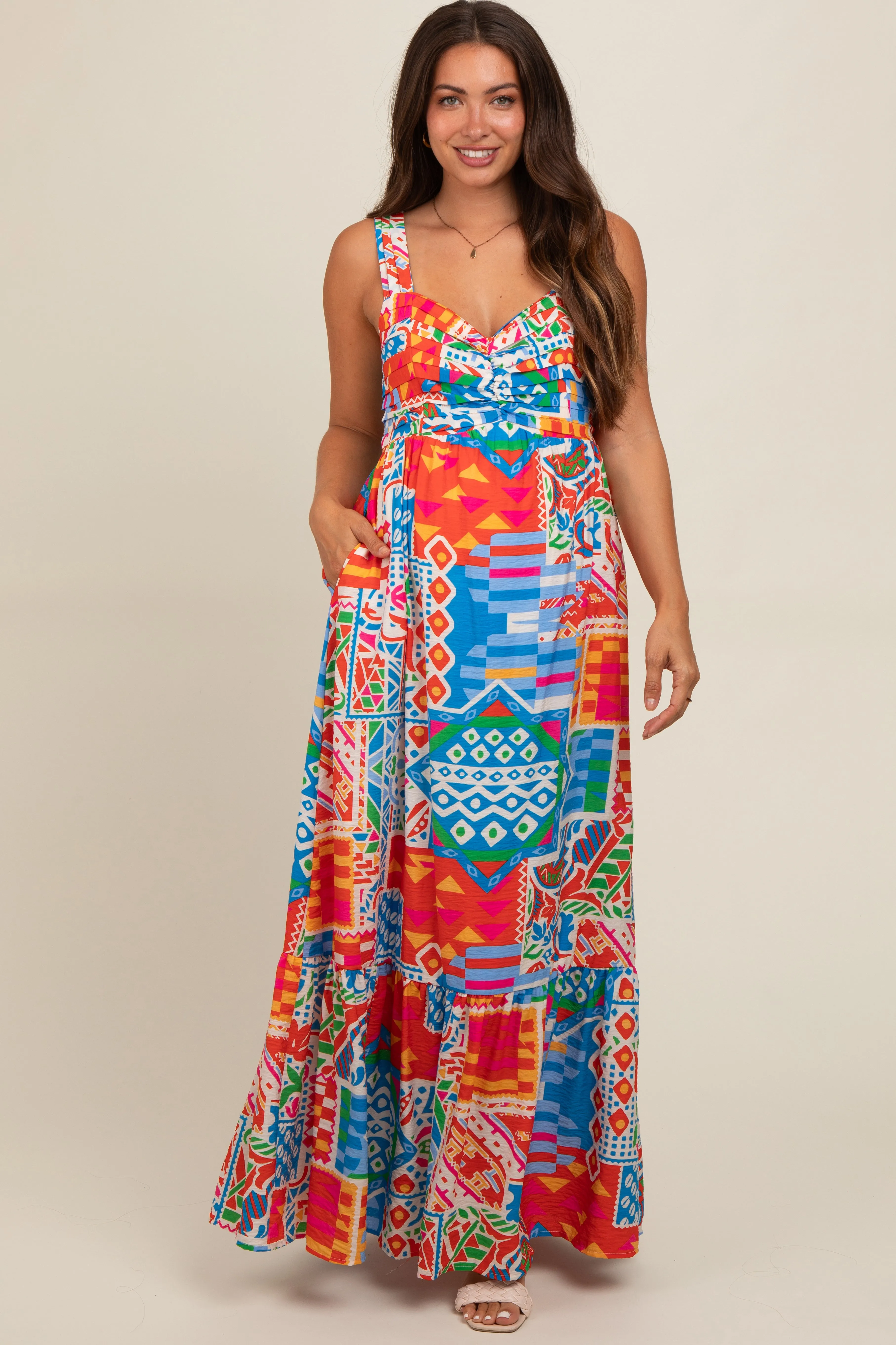 Blue Multi-Color Abstract Print Tiered Maternity Maxi Dress sold by Pinkblush