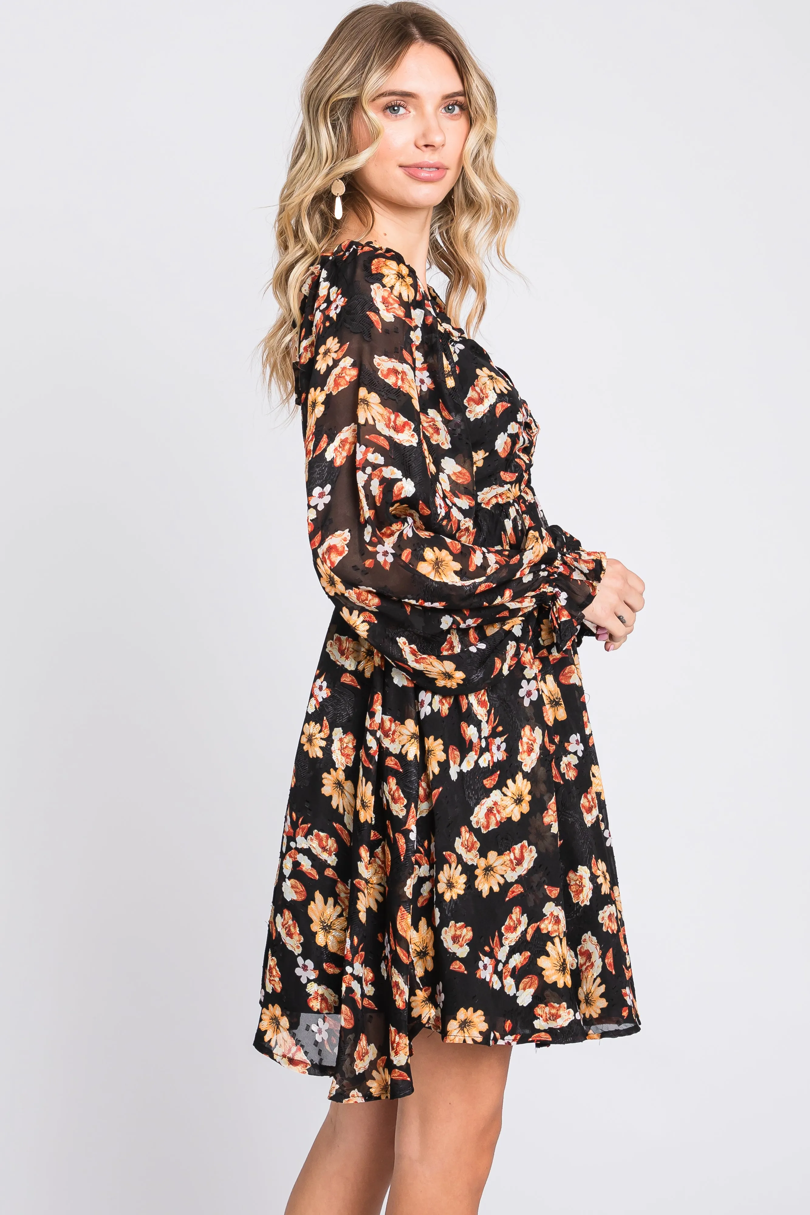 Black Floral Chiffon Sweetheart Neck Long Puff Sleeve Dress sold by Pinkblush product image thumbnail 2