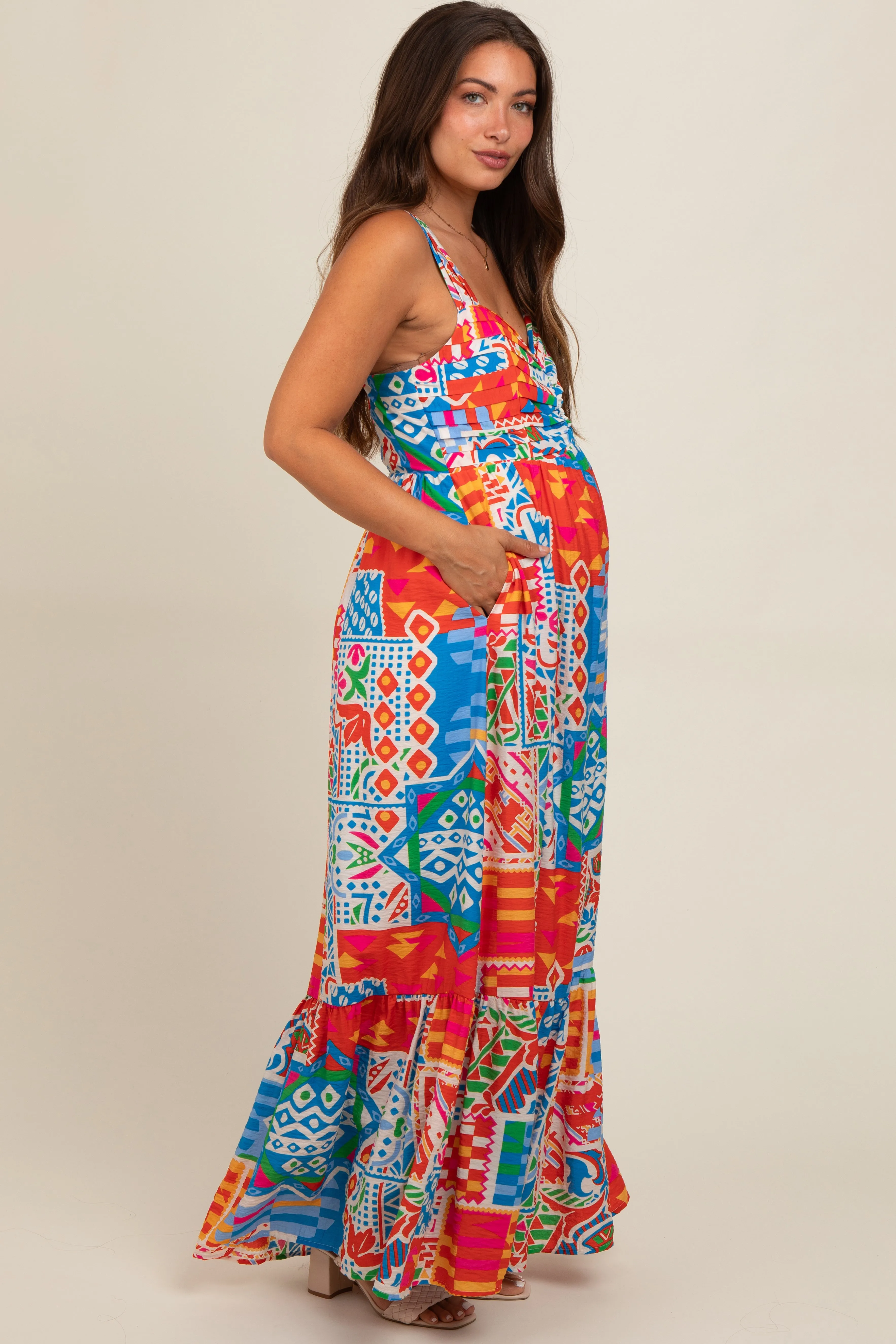 Blue Multi-Color Abstract Print Tiered Maternity Maxi Dress sold by Pinkblush product image thumbnail 2