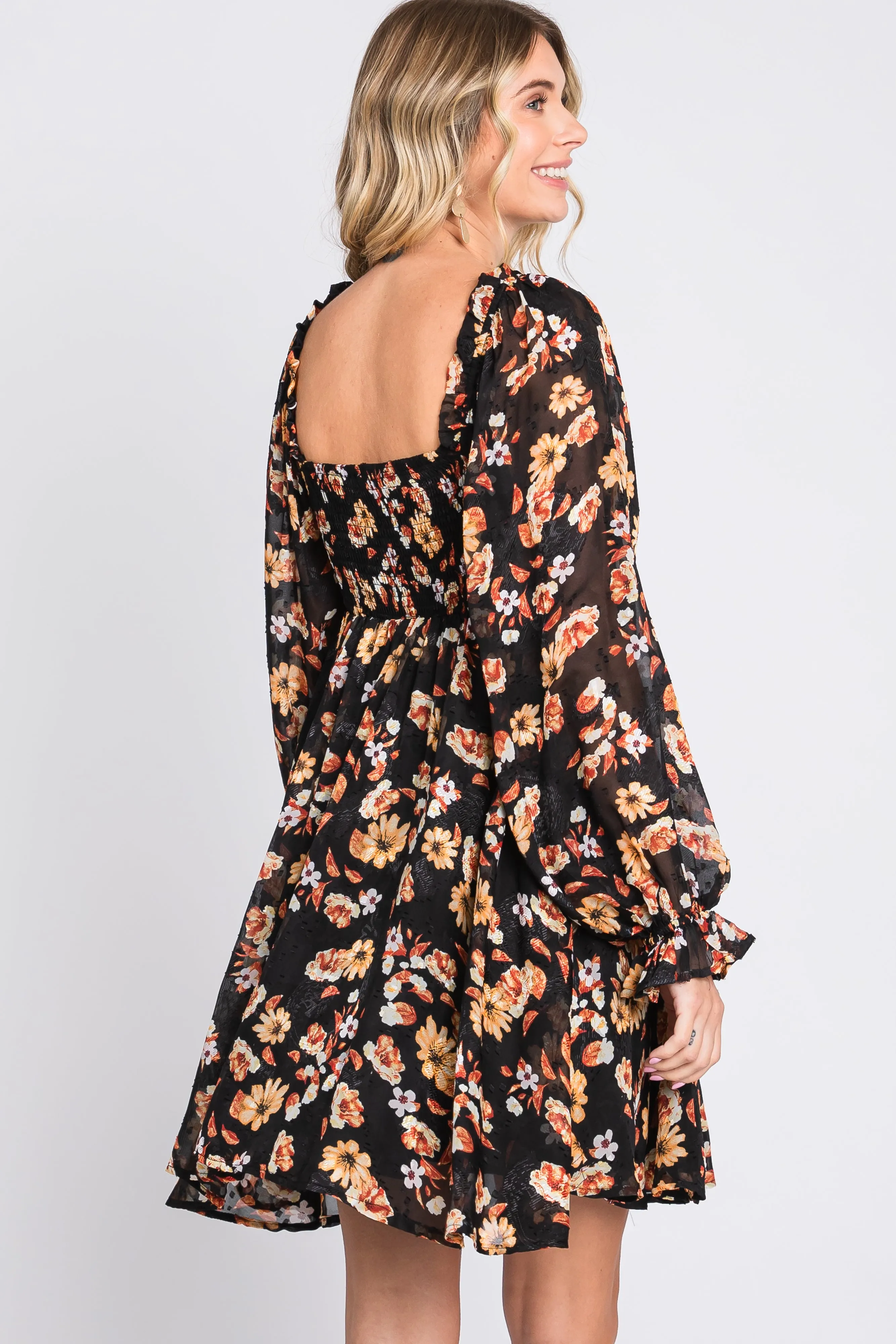 Black Floral Chiffon Sweetheart Neck Long Puff Sleeve Dress sold by Pinkblush product image thumbnail 3