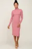 Mauve Ribbed Mock Neck Lettuce Trim Midi Dress sold by Pinkblush