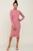 Mauve Ribbed Mock Neck Lettuce Trim Midi Dress sold by Pinkblush