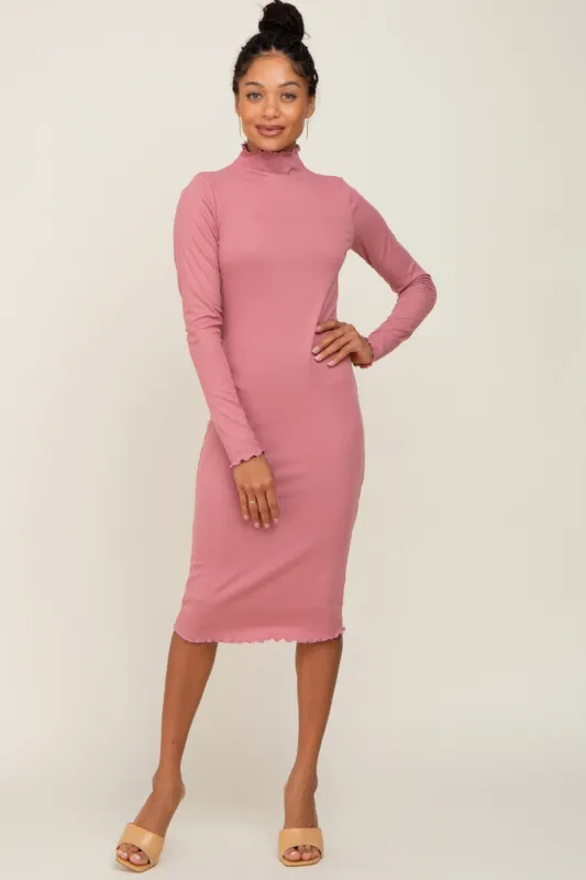 Mauve Ribbed Mock Neck Lettuce Trim Midi Dress sold by Pinkblush