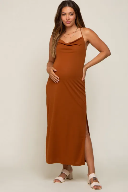 Rust Draped Neck Side Slit Maternity Maxi Dress sold by Pinkblush