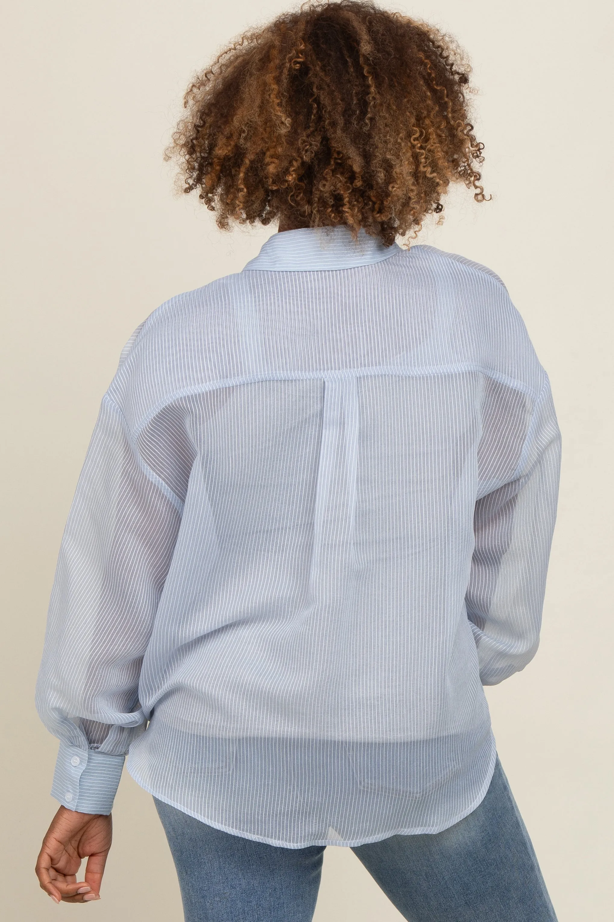 Light Blue Sheer Striped Button Down Blouse sold by Pinkblush product image thumbnail 3
