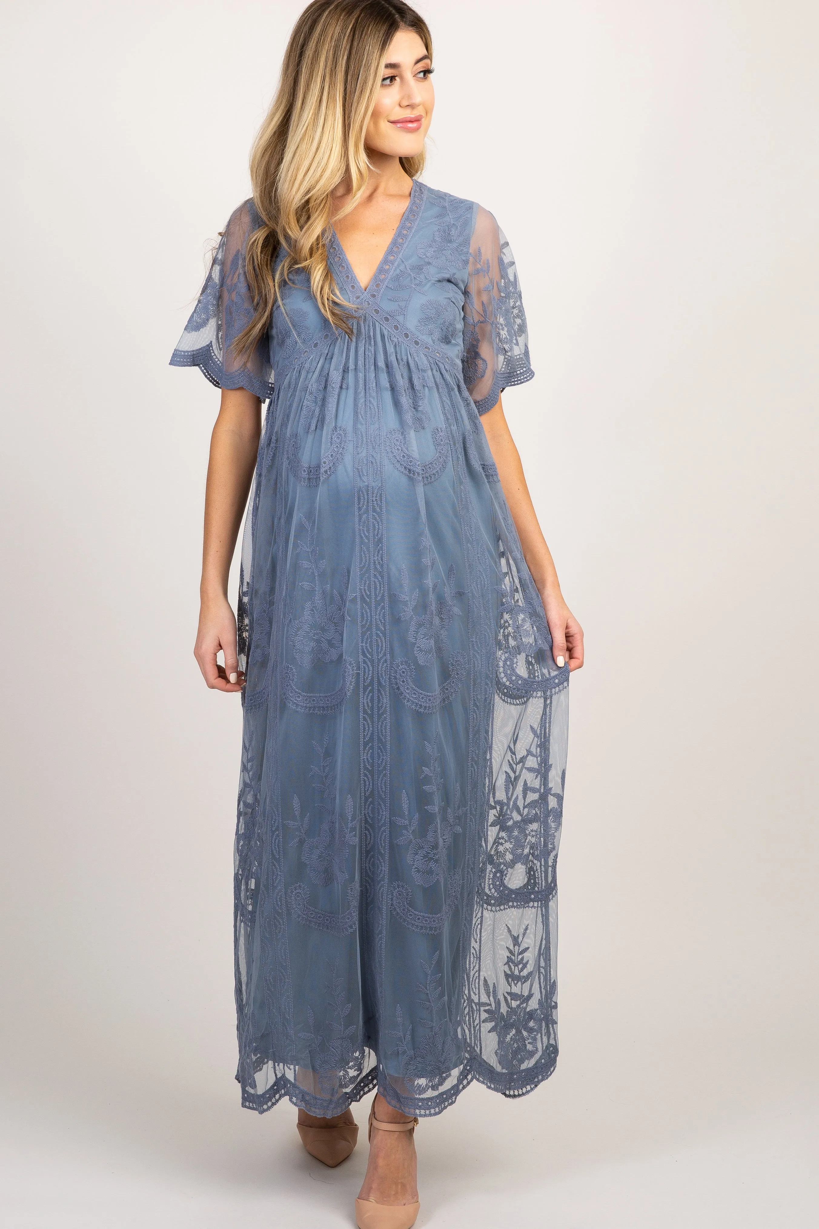 PinkBlush Blue Lace Mesh Overlay Maternity Maxi Dress sold by Pinkblush