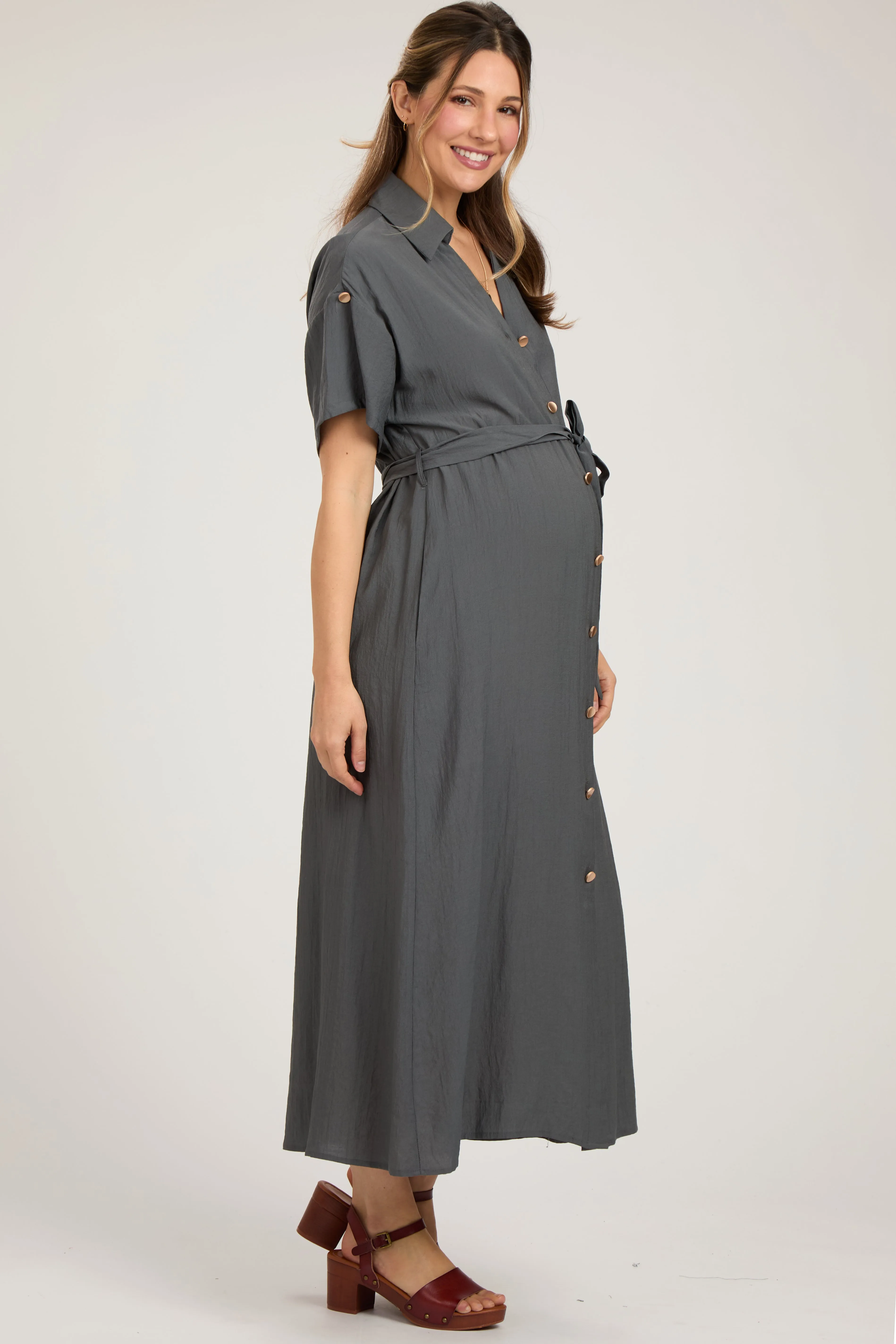 Charcoal Button Front Belted Short Sleeve Maternity Midi Dress sold by Pinkblush product image thumbnail 2