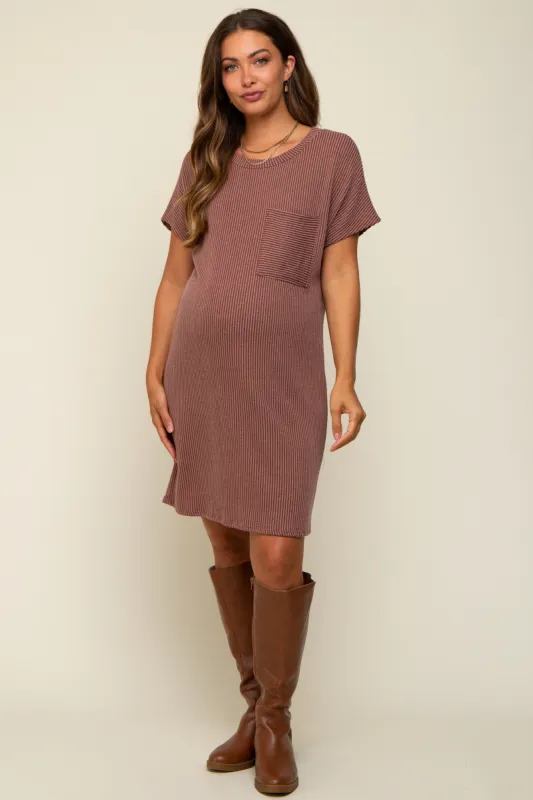 Brown Ribbed Front Pocket Dolman Short Sleeve Maternity Dress sold by Pinkblush