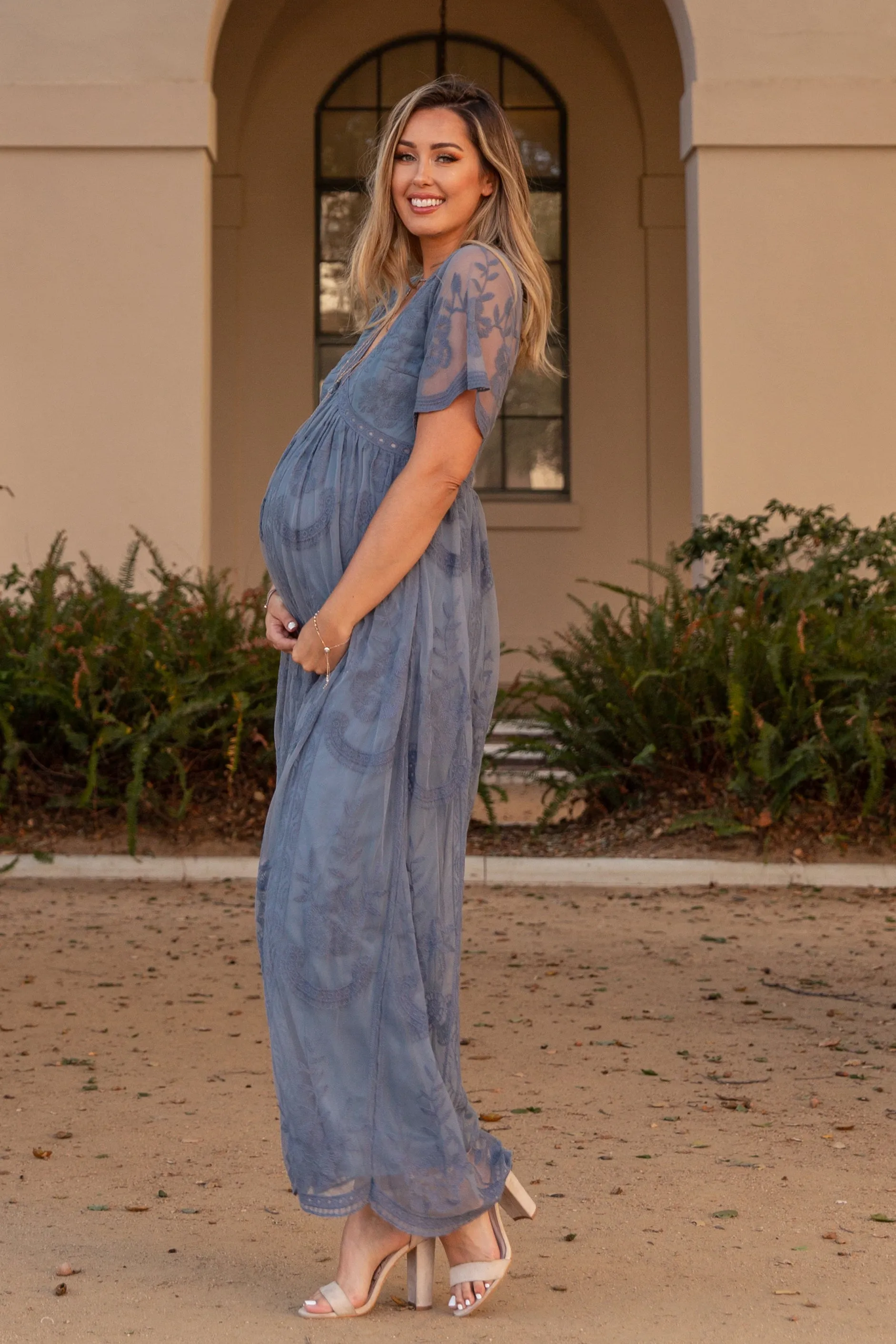 PinkBlush Blue Lace Mesh Overlay Maternity Maxi Dress sold by Pinkblush product image thumbnail 5