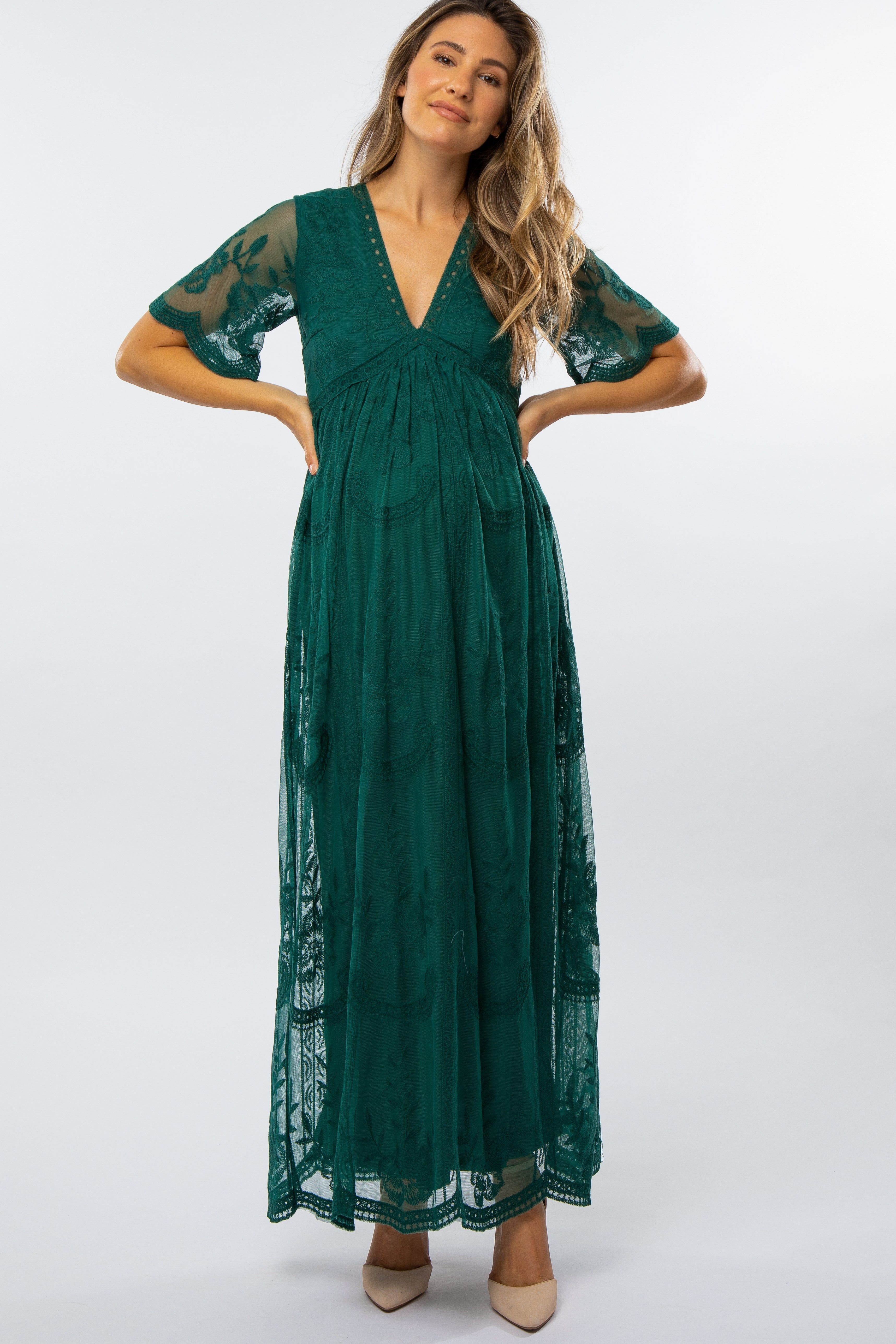 Forest Green Lace Mesh Overlay Maternity Maxi Dress sold by Pinkblush