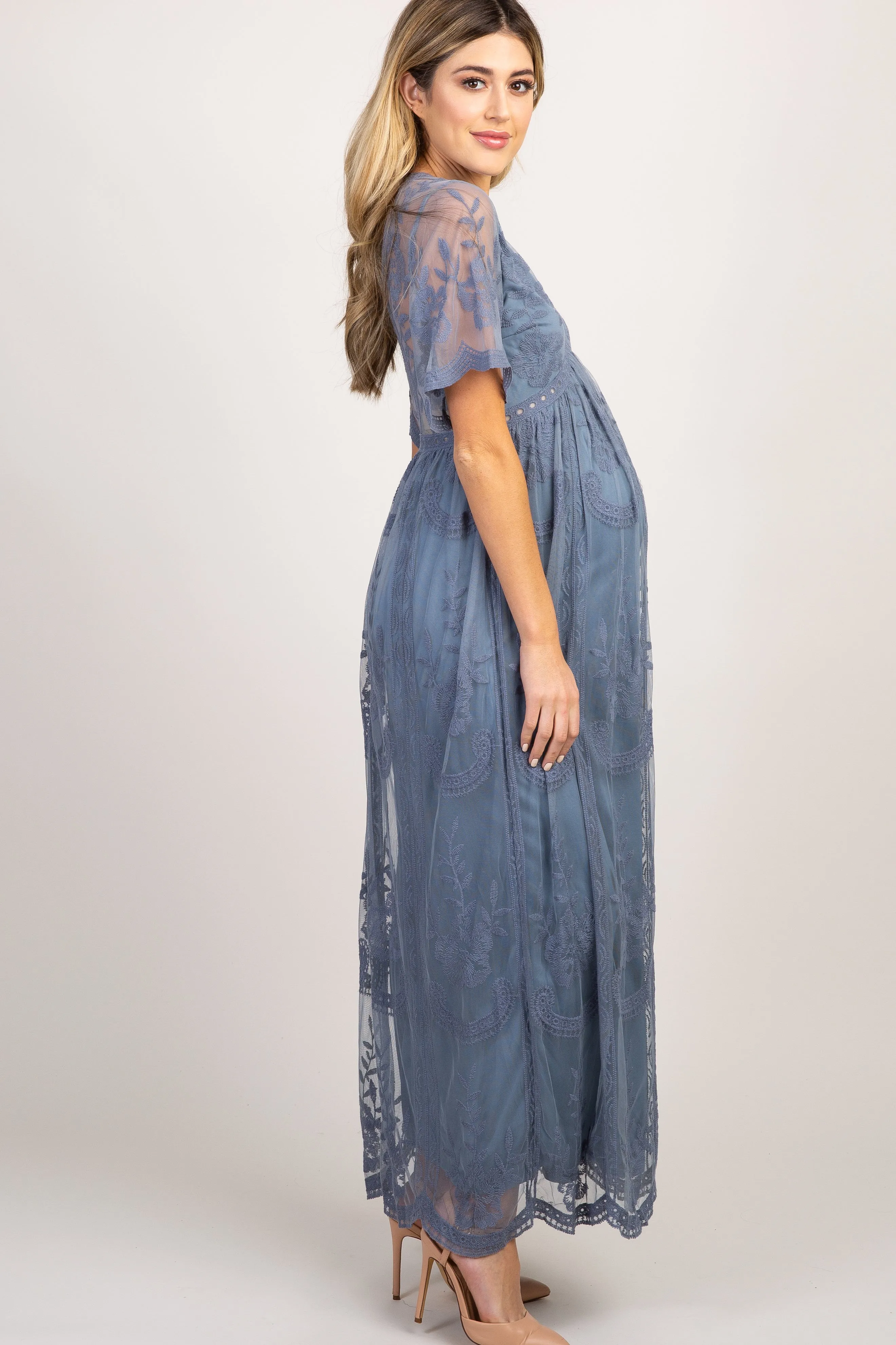 PinkBlush Blue Lace Mesh Overlay Maternity Maxi Dress sold by Pinkblush product image thumbnail 2