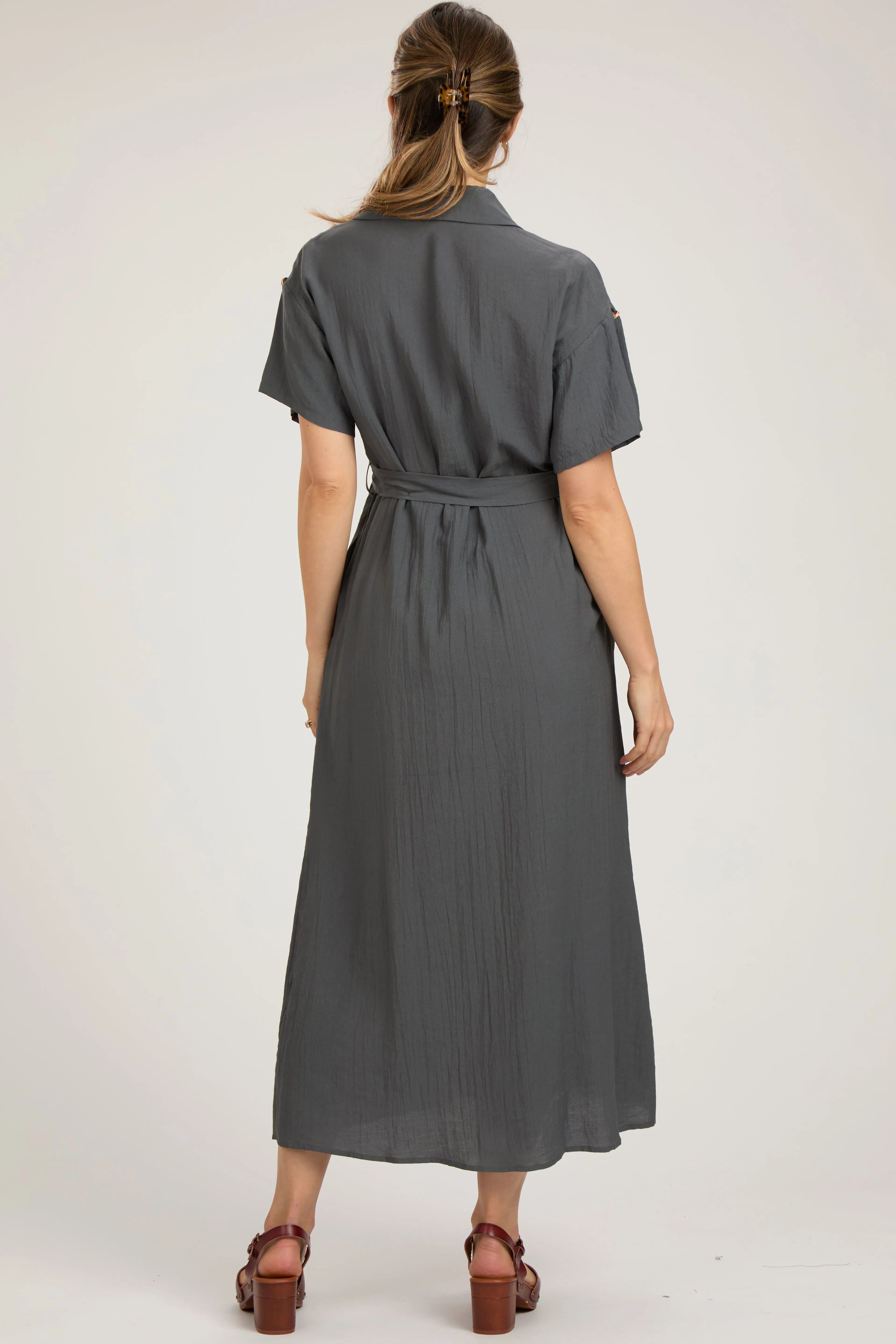 Charcoal Button Front Belted Short Sleeve Maternity Midi Dress sold by Pinkblush product image thumbnail 3