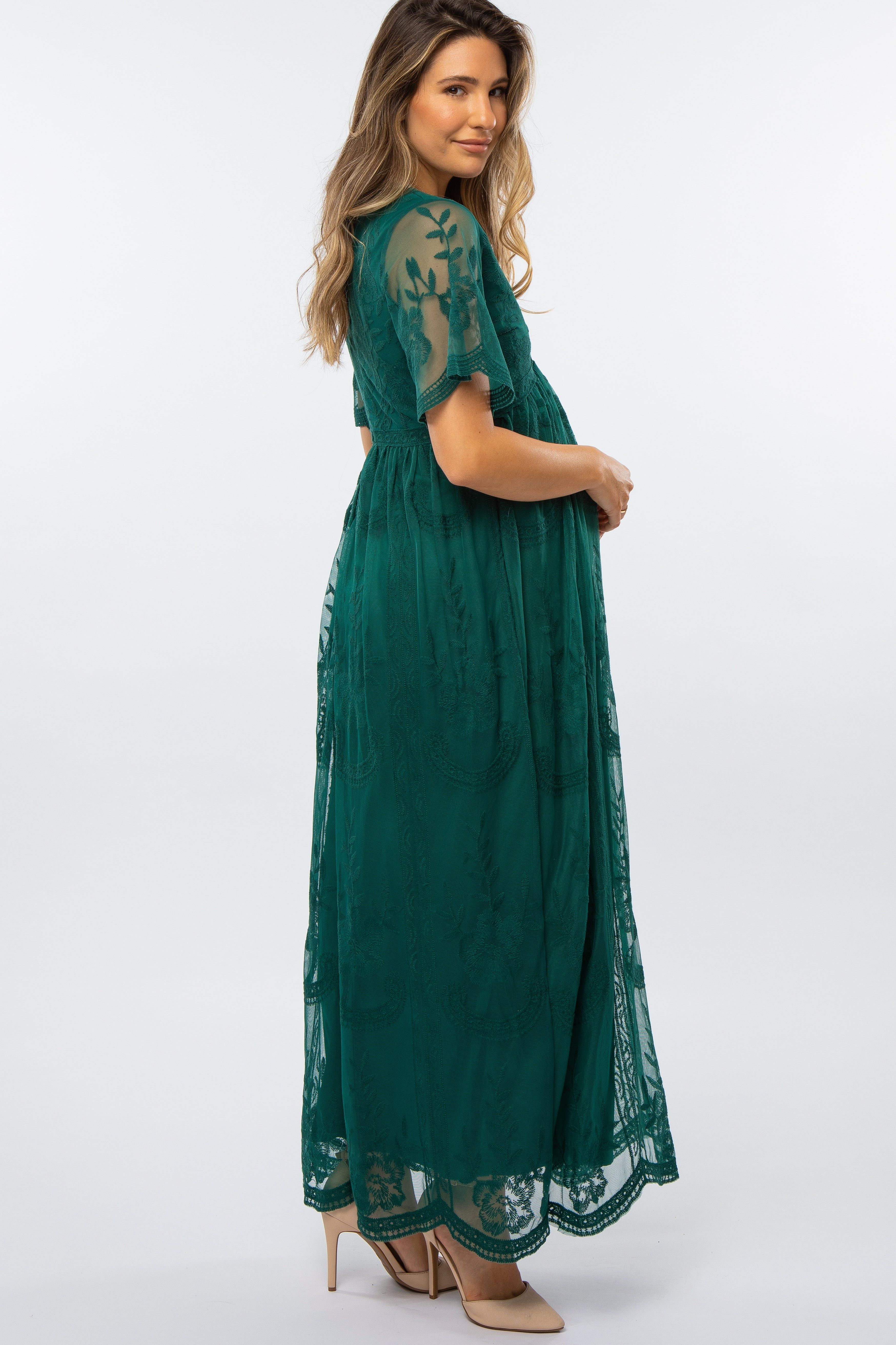 Forest Green Lace Mesh Overlay Maternity Maxi Dress sold by Pinkblush product image thumbnail 2