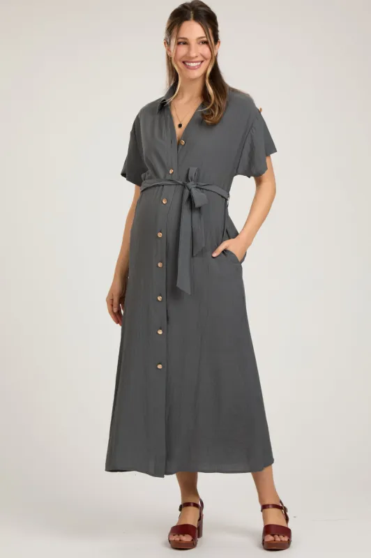 Charcoal Button Front Belted Short Sleeve Maternity Midi Dress sold by Pinkblush