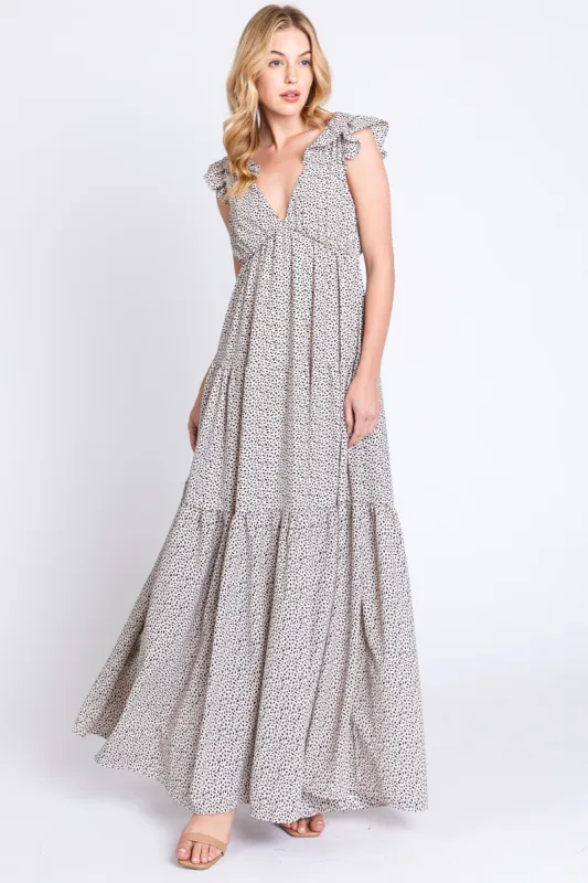 Taupe Printed Tiered Cutout Back Maxi Dress sold by Pinkblush