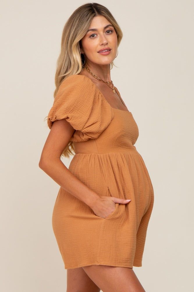 Camel Puff Sleeve Maternity Romper sold by Pinkblush product image thumbnail 2