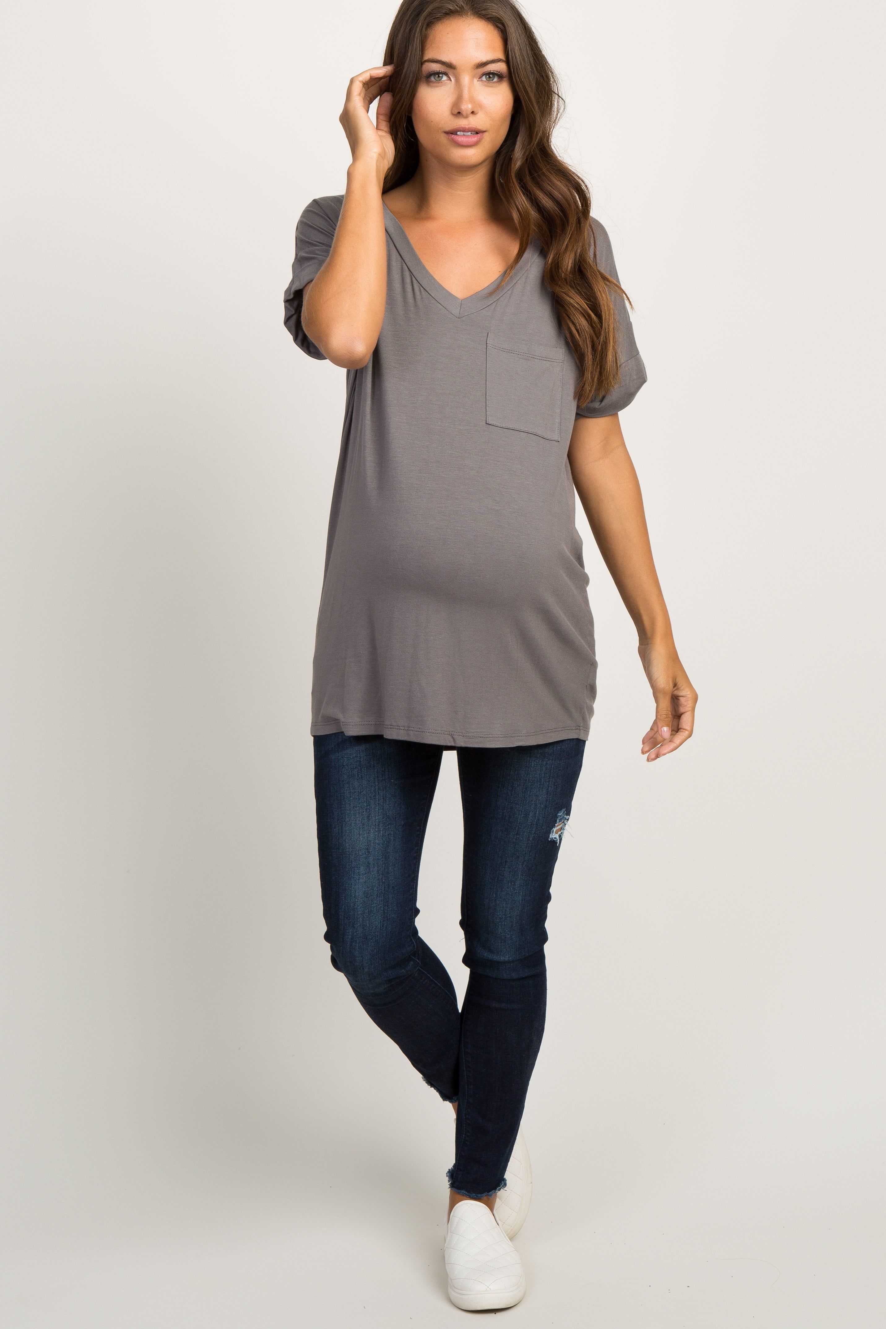 Charcoal Grey Basic V-Neck Pocket Maternity Top sold by Pinkblush product image thumbnail 4
