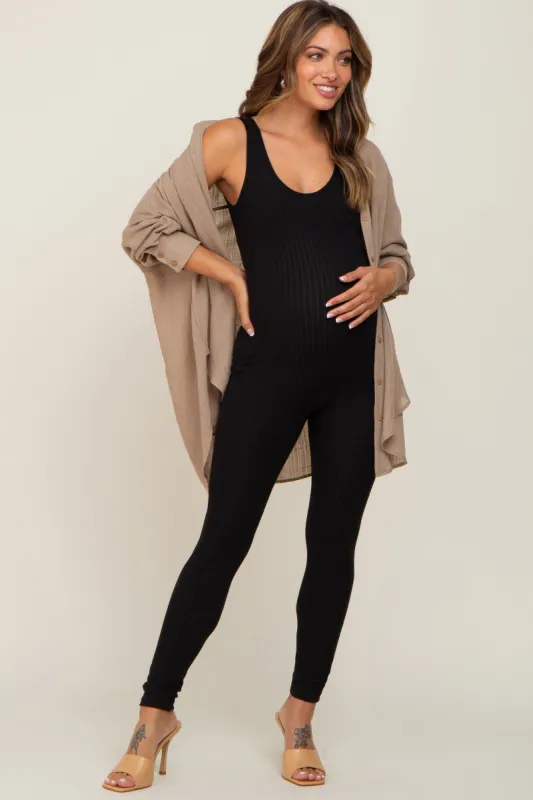 Black Ribbed Bodycon Maternity Jumpsuit sold by Pinkblush