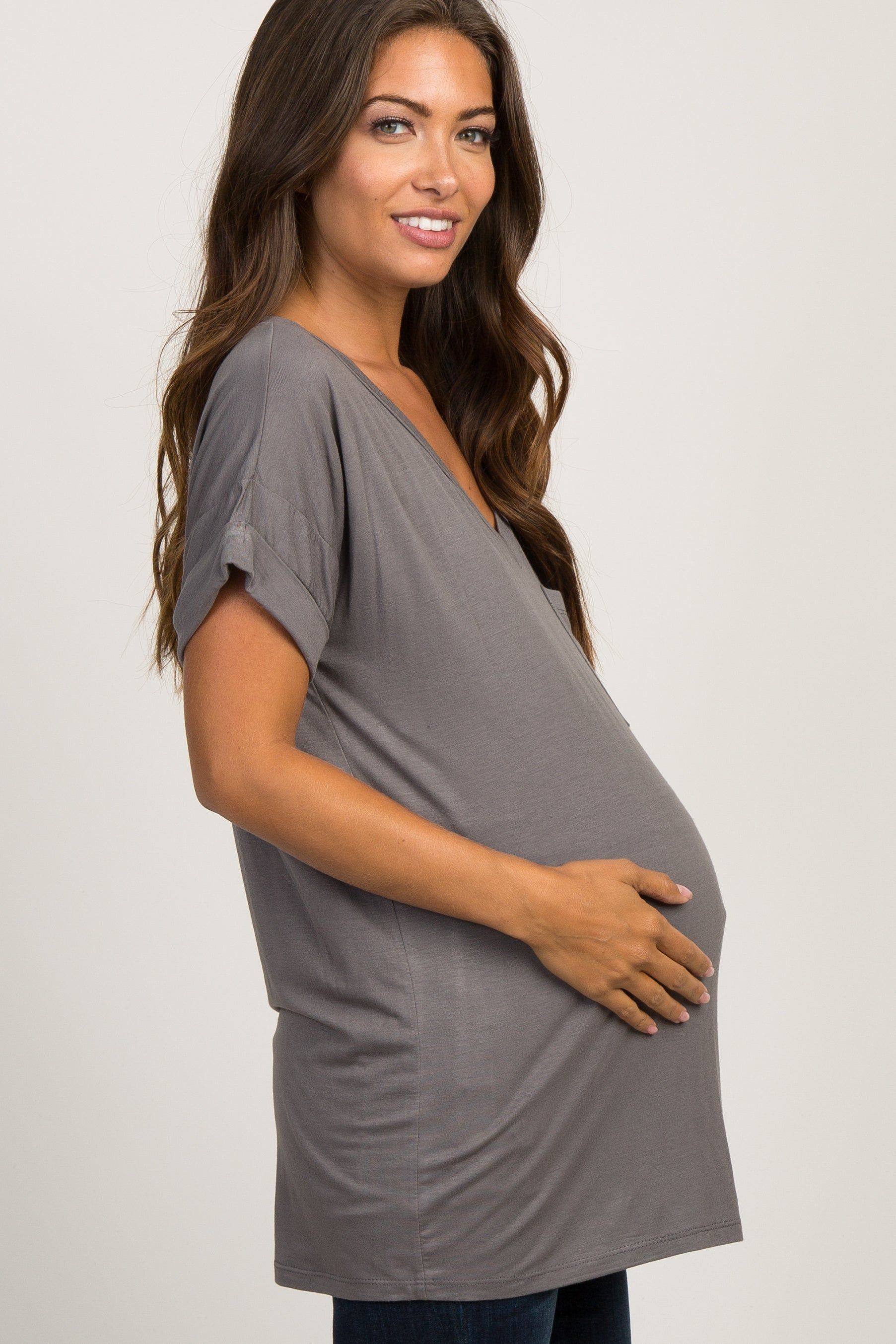 Charcoal Grey Basic V-Neck Pocket Maternity Top sold by Pinkblush product image thumbnail 2