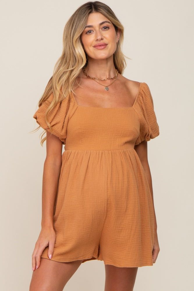 Camel Puff Sleeve Maternity Romper sold by Pinkblush
