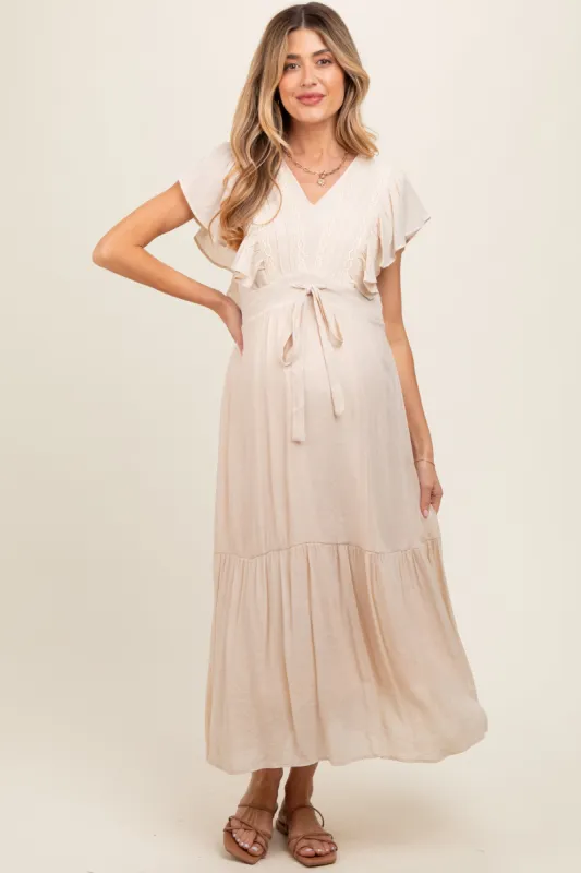 Cream Cuffed Sleeve Front Tie Maternity Maxi Dress sold by Pinkblush