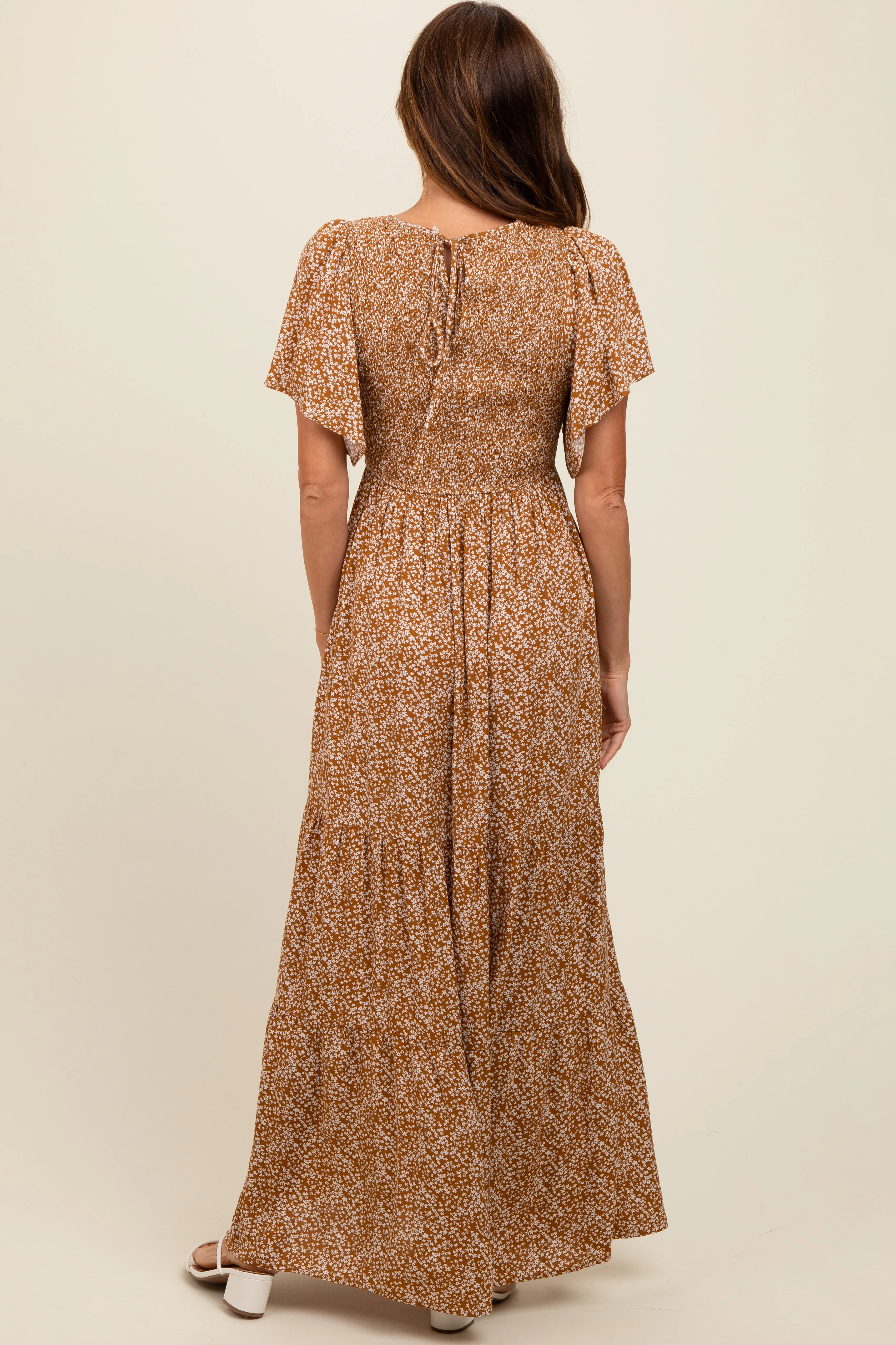 Camel Floral Smocked Flutter Sleeve Maxi Dress sold by Pinkblush product image thumbnail 5
