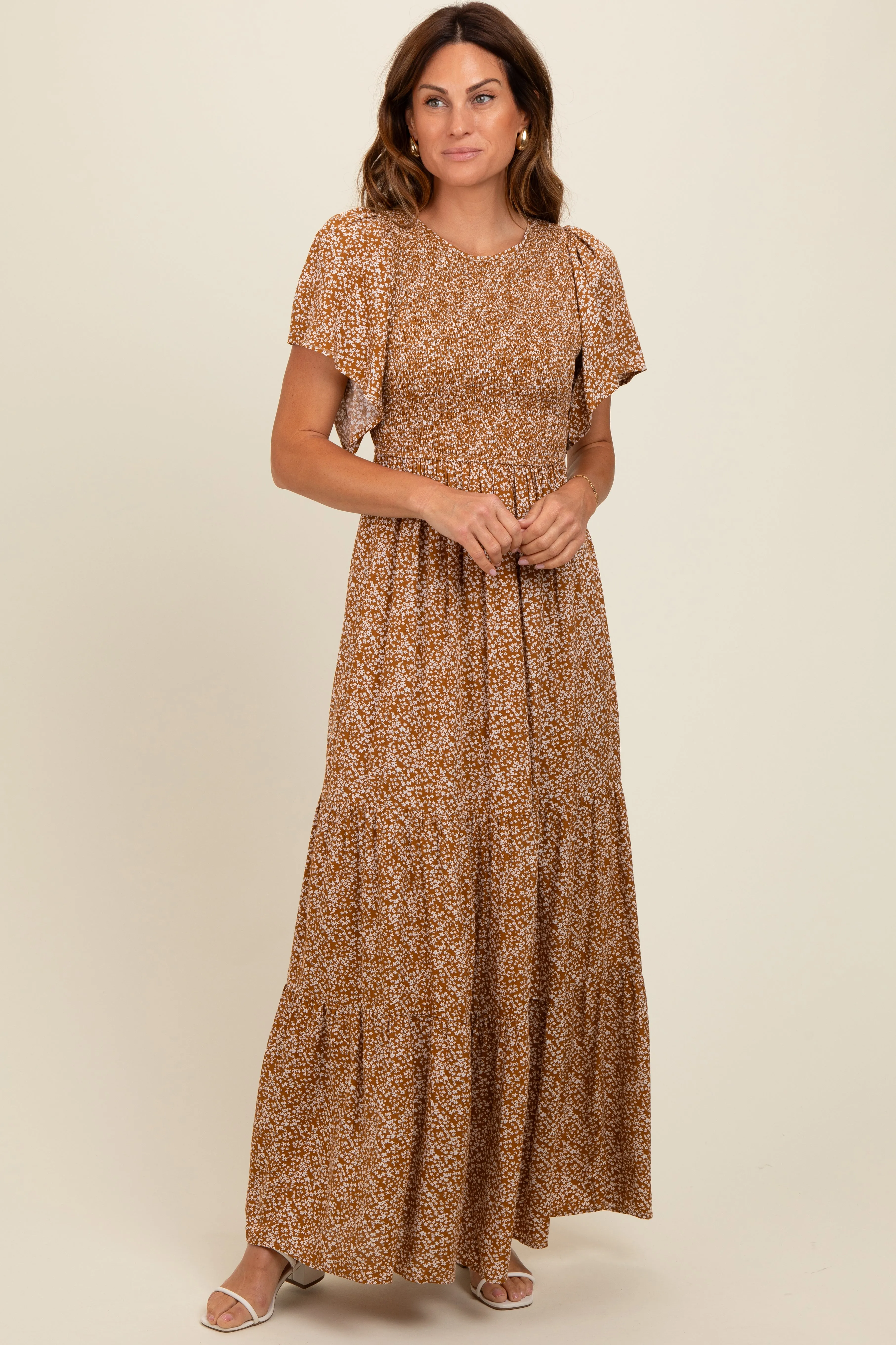 Camel Floral Smocked Flutter Sleeve Maxi Dress sold by Pinkblush product image thumbnail 2