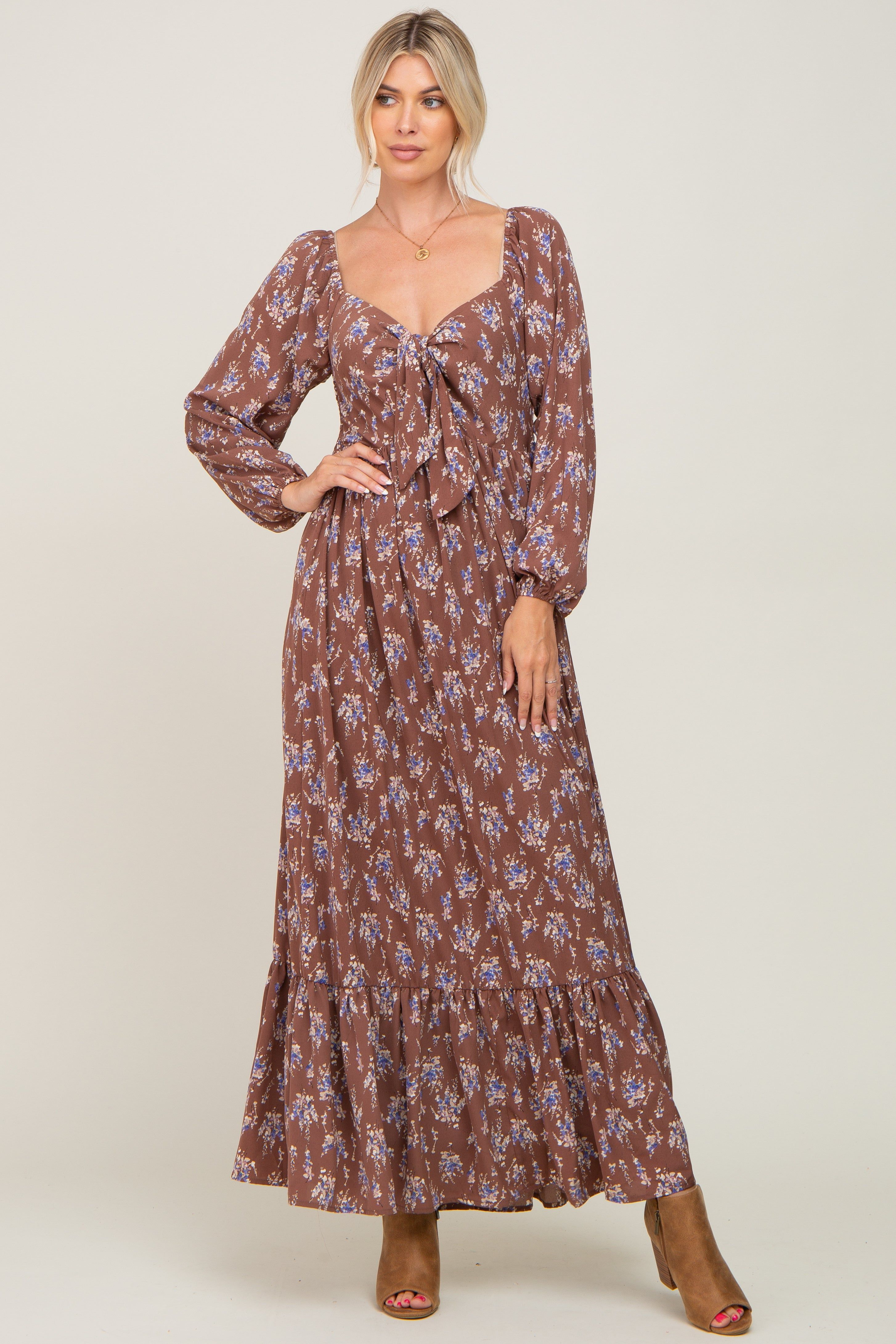 Mocha Floral Tie Front Maternity Maxi Dress sold by Pinkblush product image thumbnail 5