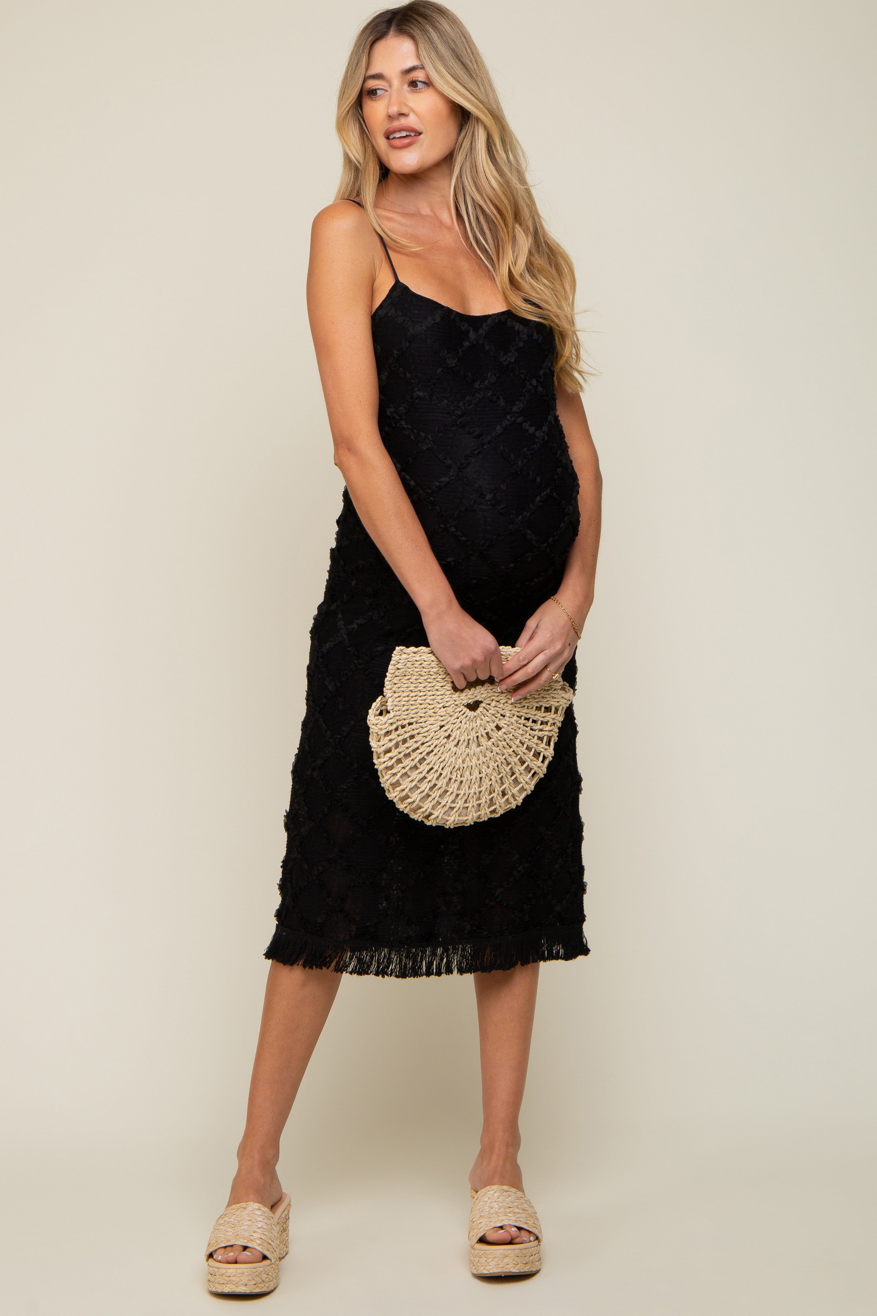Black Fringe Mesh Maternity Midi Dress sold by Pinkblush product image thumbnail 4