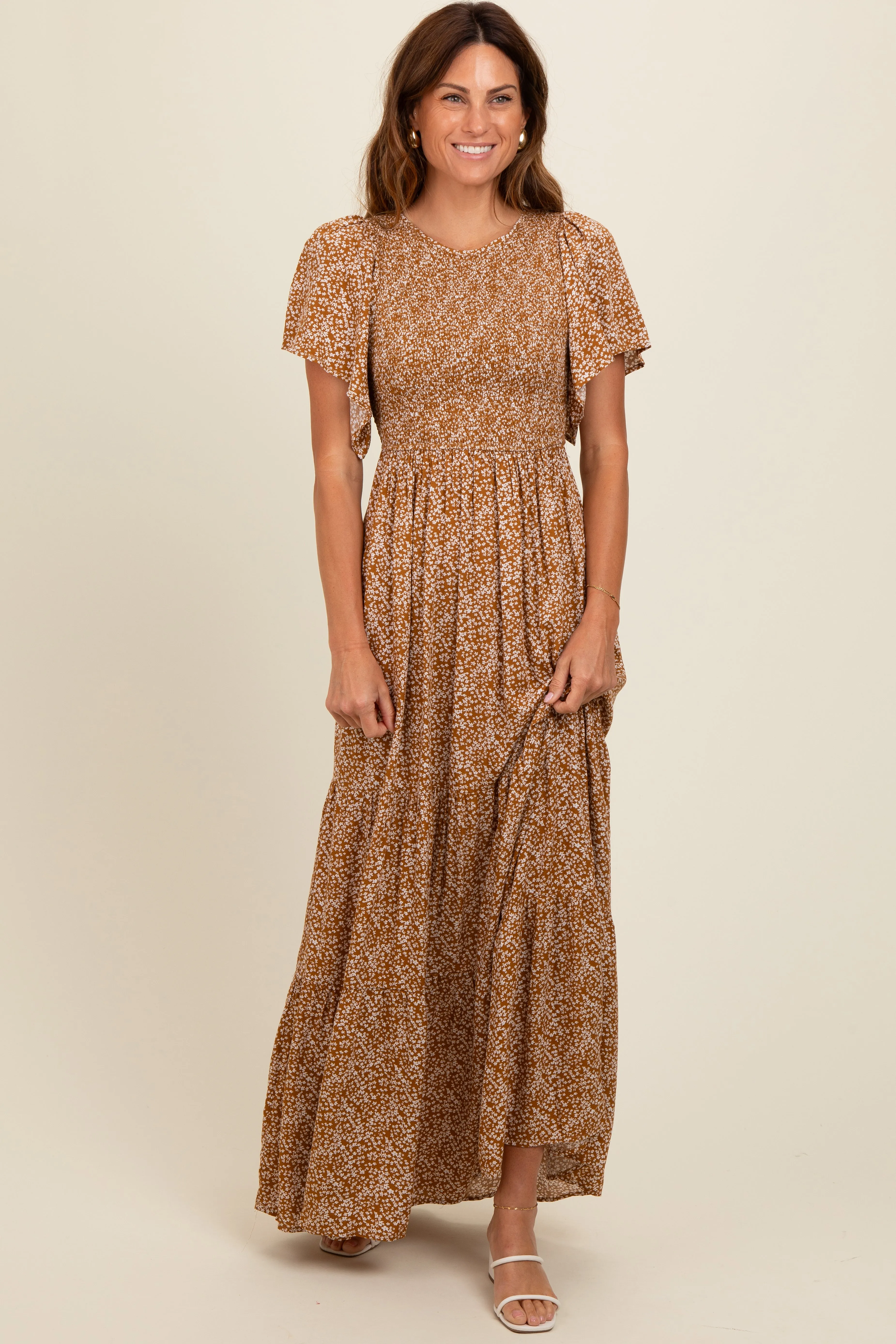 Camel Floral Smocked Flutter Sleeve Maxi Dress sold by Pinkblush product image thumbnail 3