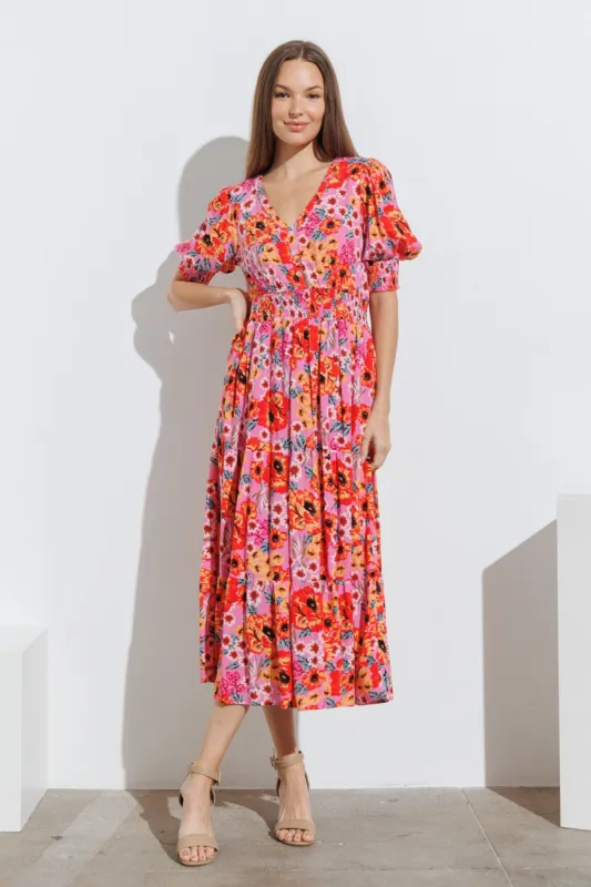 Fuchsia Floral Button Front Smocked Waist Tiered Midi Dress sold by Pinkblush