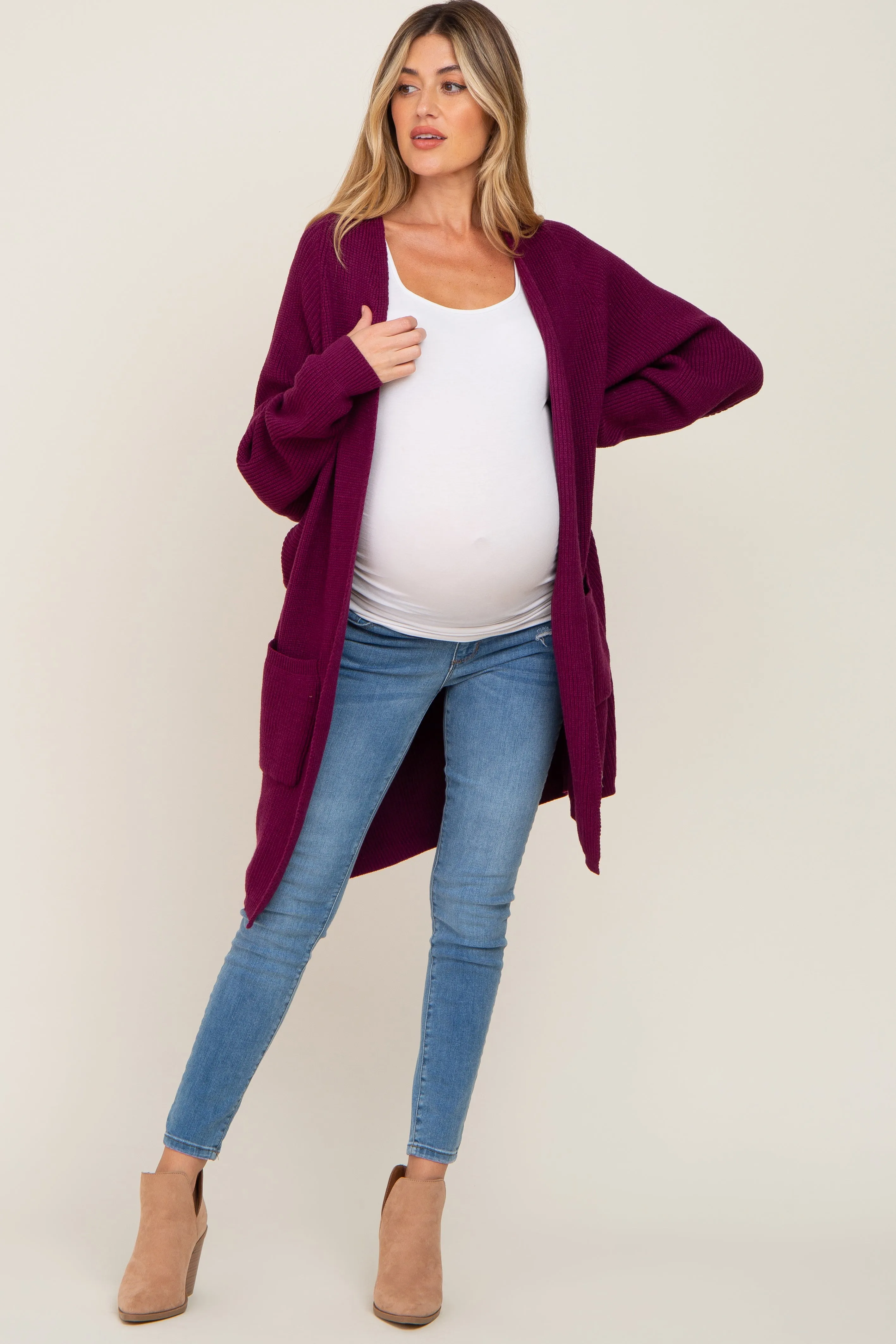 Plum Pocketed Knit Maternity Cardigan sold by Pinkblush