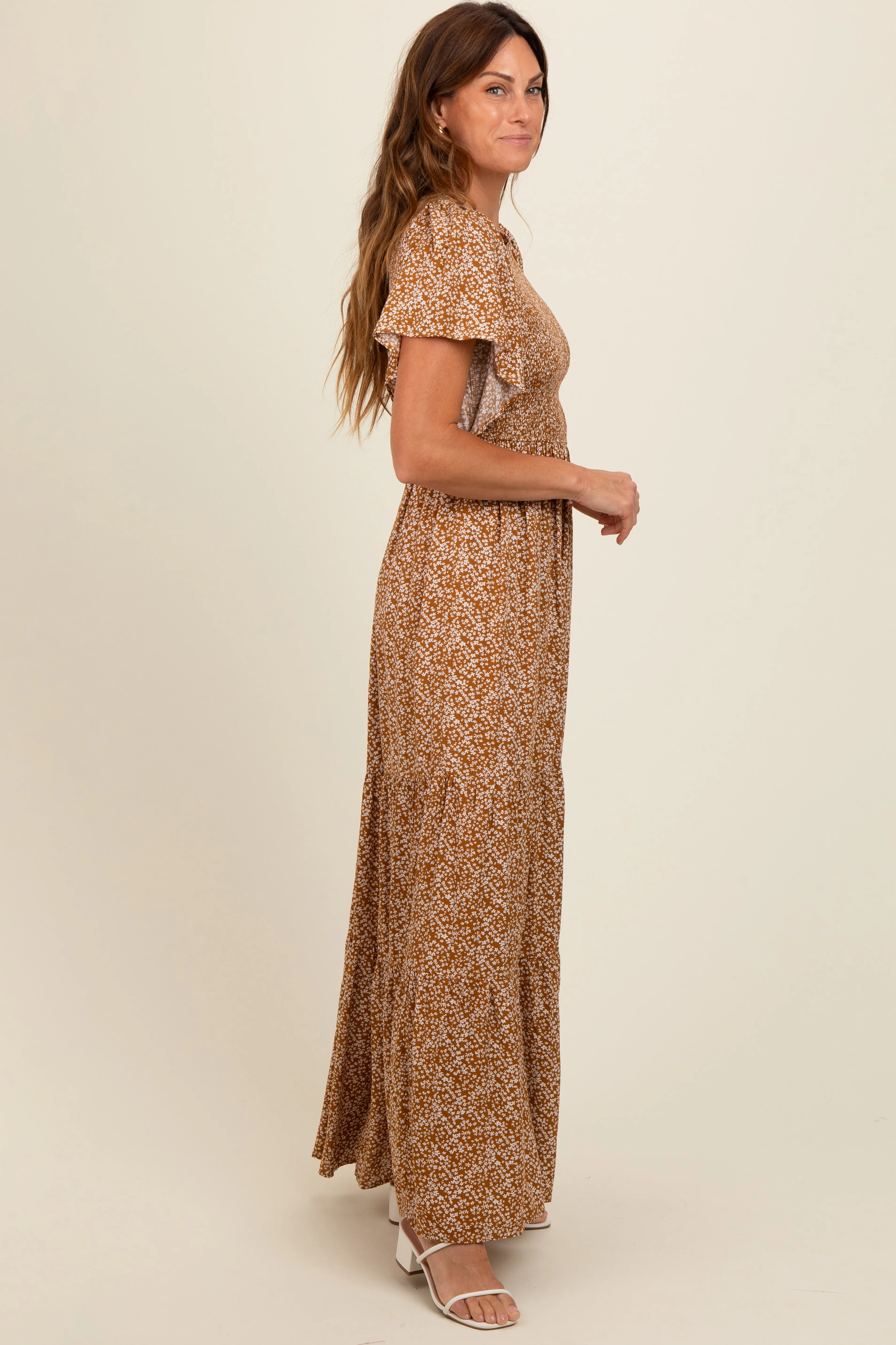 Camel Floral Smocked Flutter Sleeve Maxi Dress sold by Pinkblush product image thumbnail 4