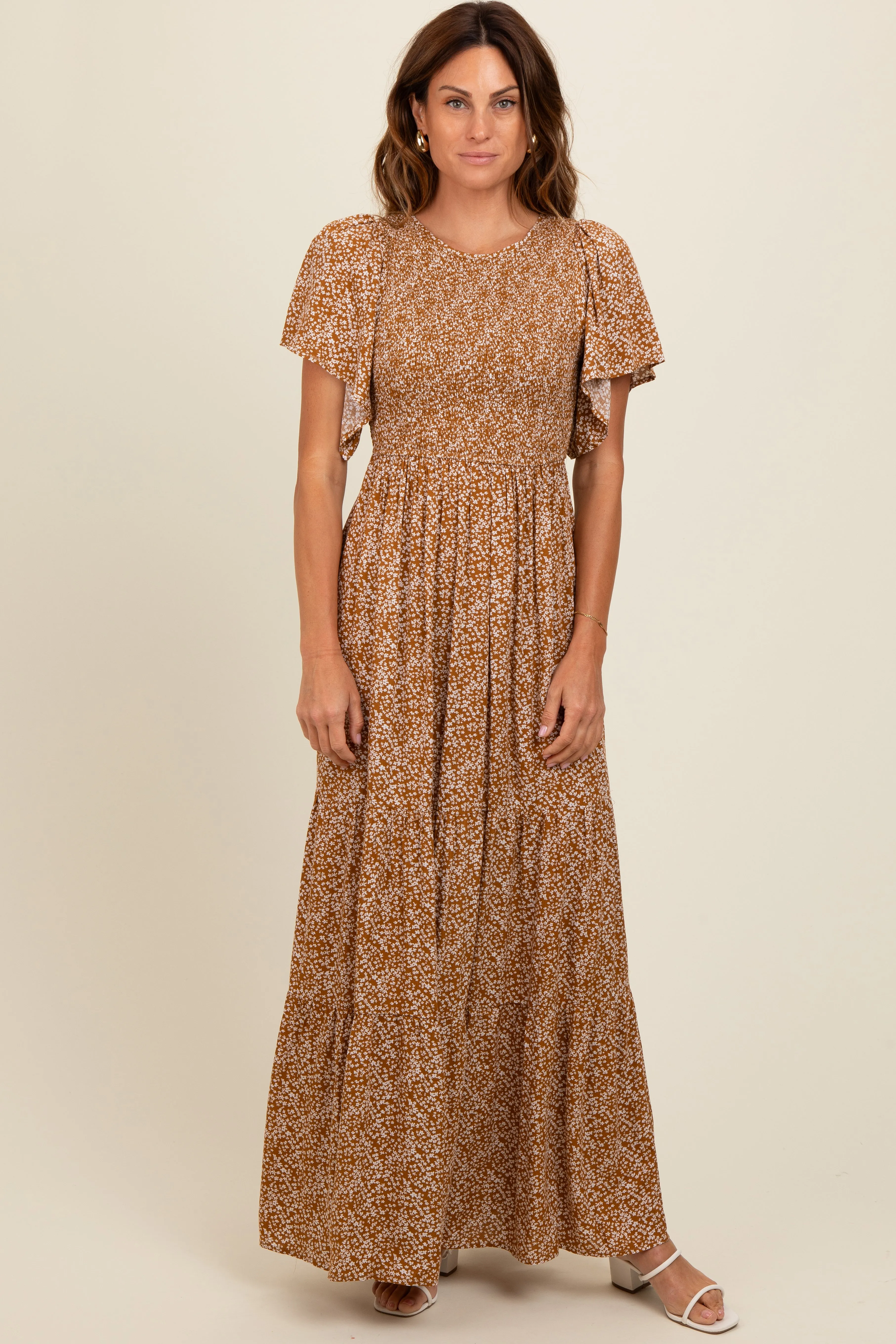 Camel Floral Smocked Flutter Sleeve Maxi Dress sold by Pinkblush