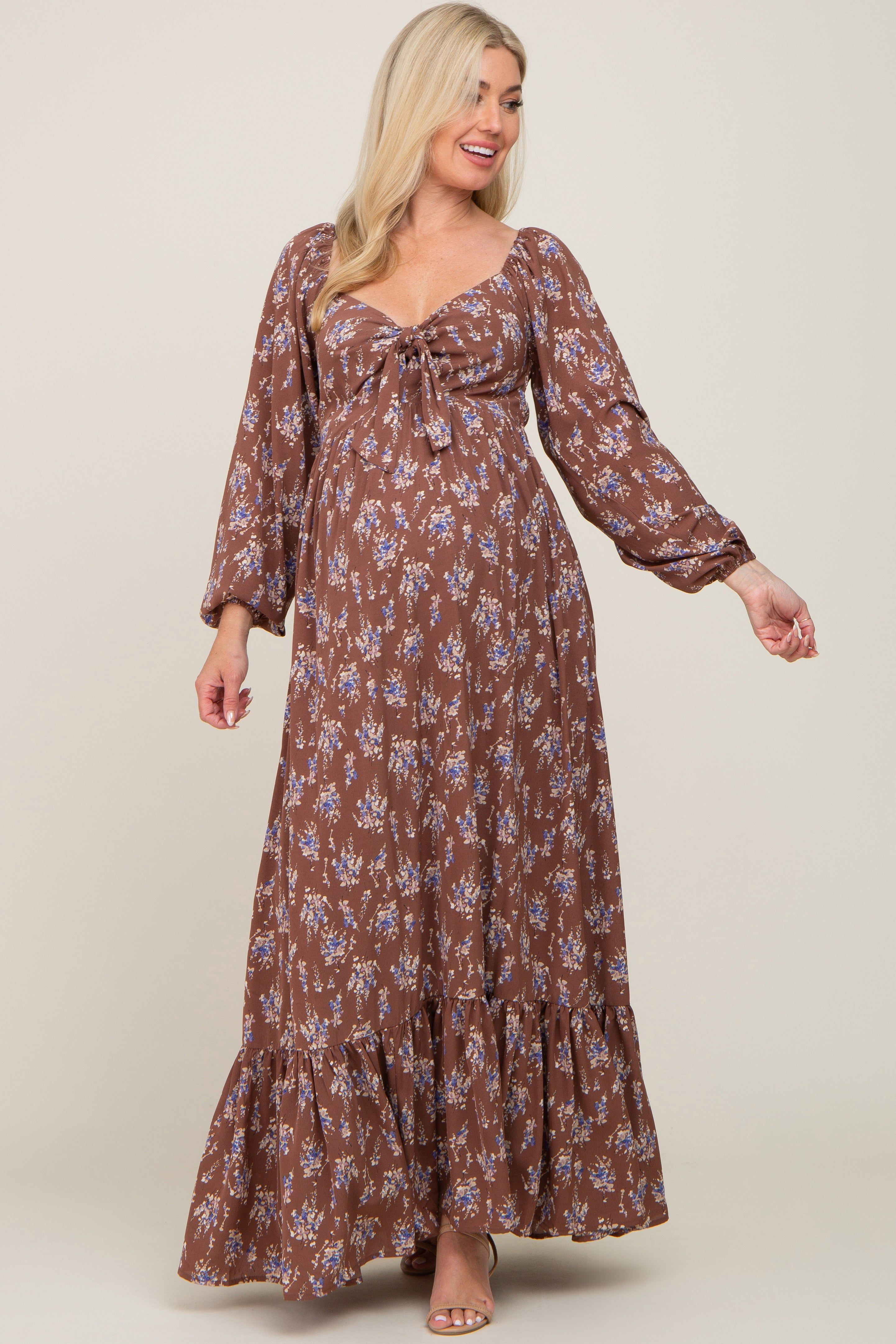 Mocha Floral Tie Front Maternity Maxi Dress sold by Pinkblush