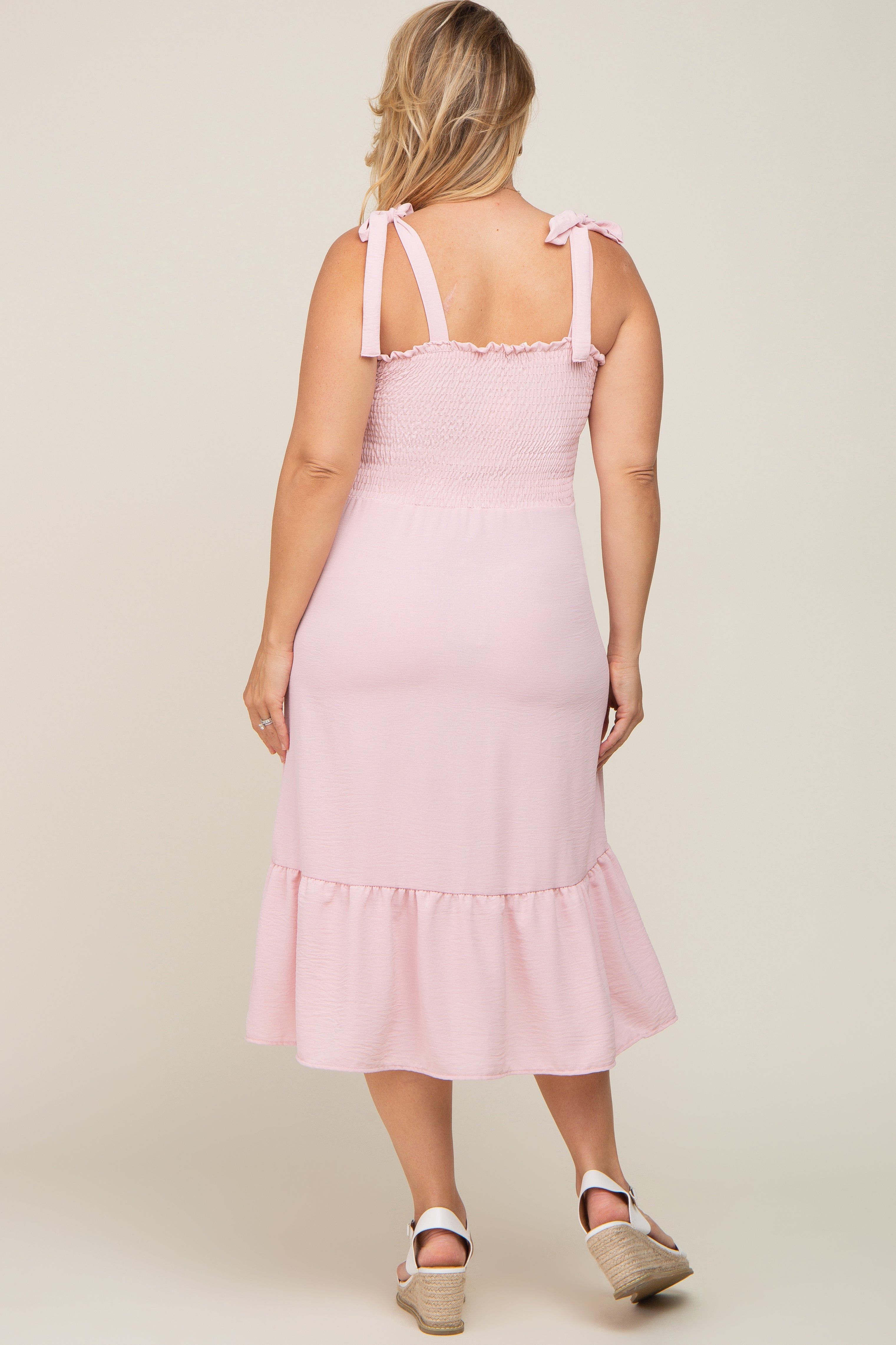 Light Pink Smocked Shoulder Tie Maternity Plus Midi Dress sold by Pinkblush product image thumbnail 3
