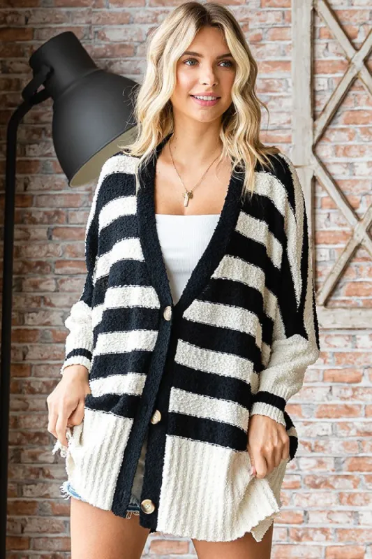 Black Textured Knit Striped Oversized Cardigan sold by Pinkblush