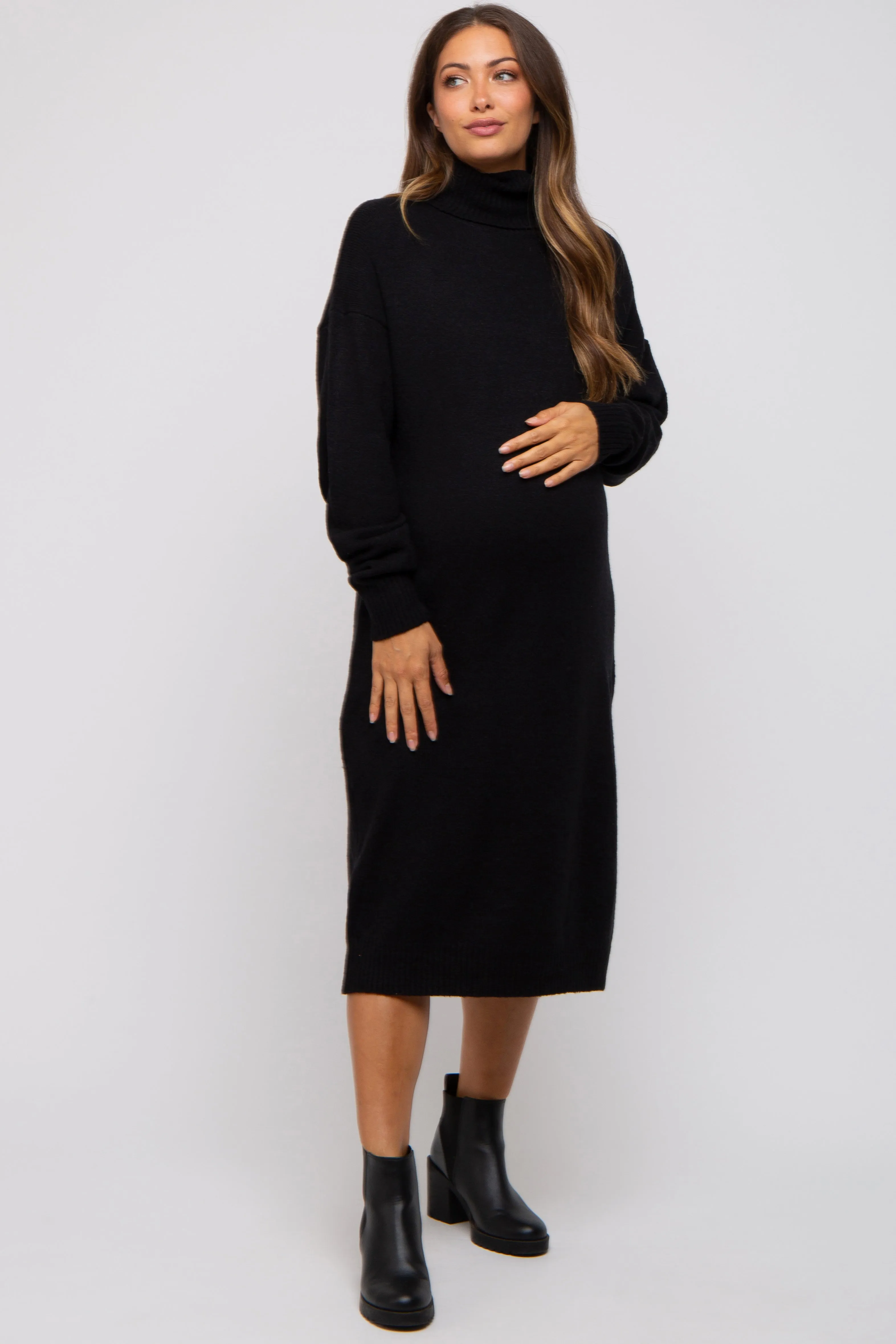 Black Turtleneck Side Slit Sweater Maternity Midi Dress sold by Pinkblush