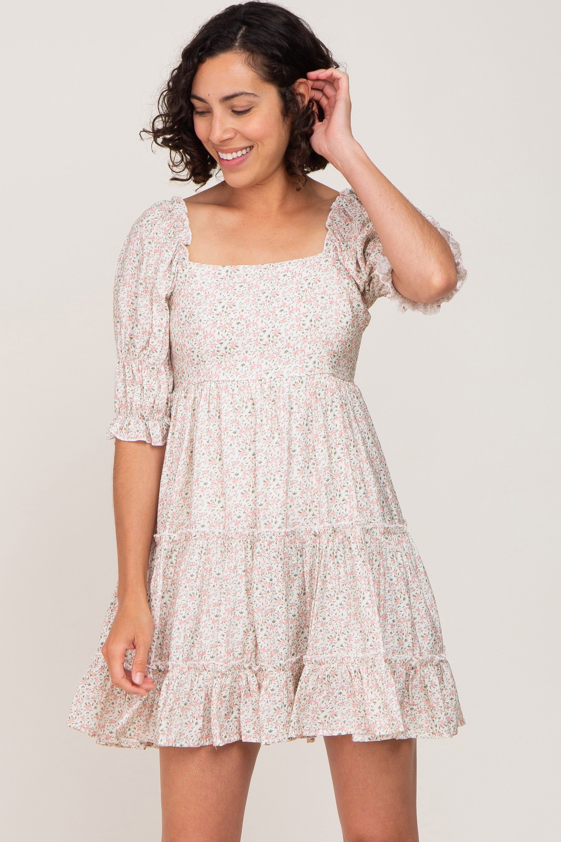Ivory Floral Square Neck Ruffle Tiered Dress sold by Pinkblush