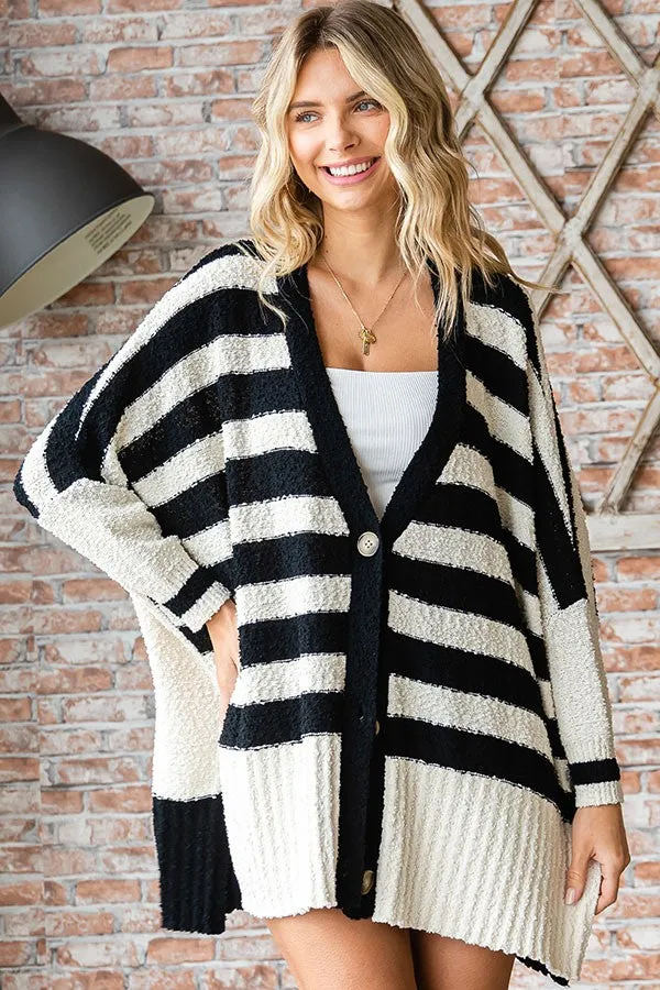 Black Textured Knit Striped Oversized Cardigan sold by Pinkblush product image thumbnail 2