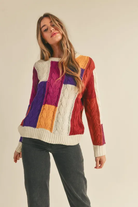 Ivory Fuchsia Multi Color Block Cable Knit Sweater sold by Pinkblush