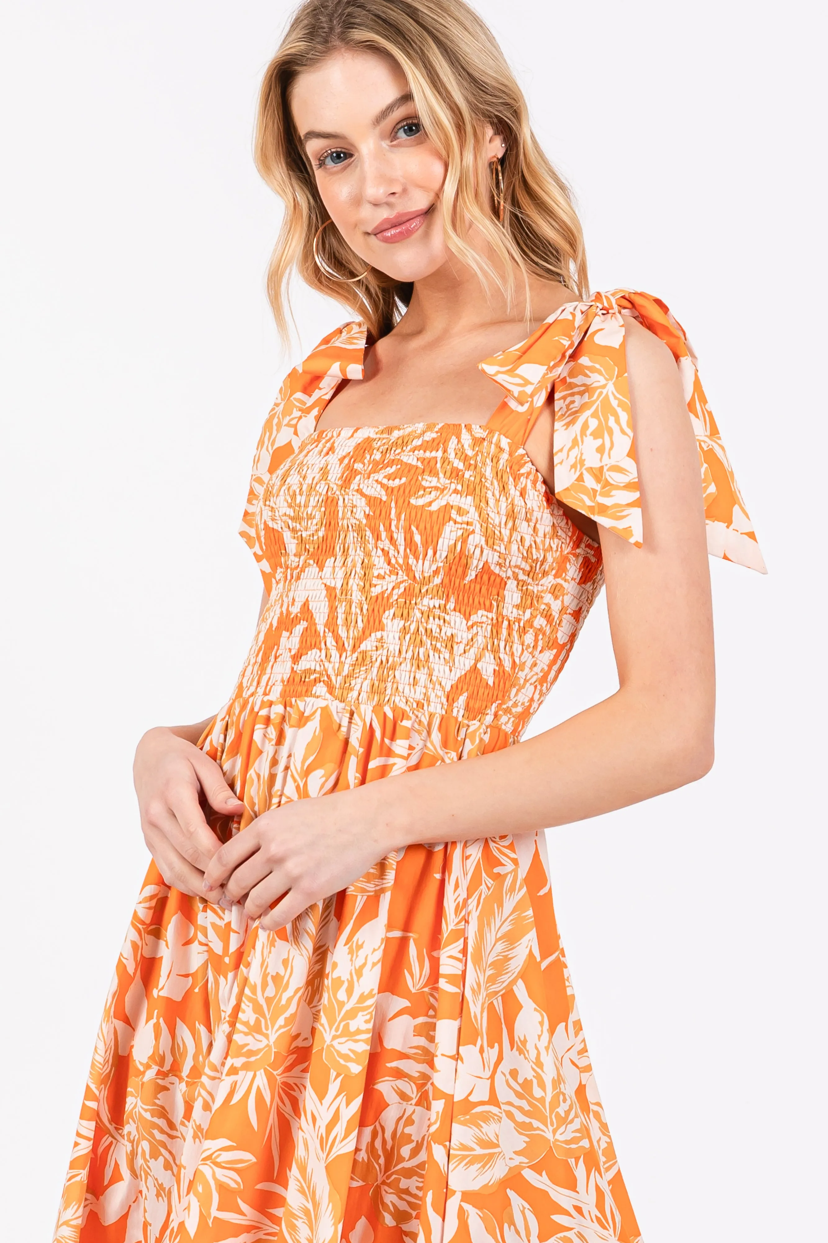 Orange Floral Smocked Tie Shoulder Midi Dress sold by Pinkblush product image thumbnail 4