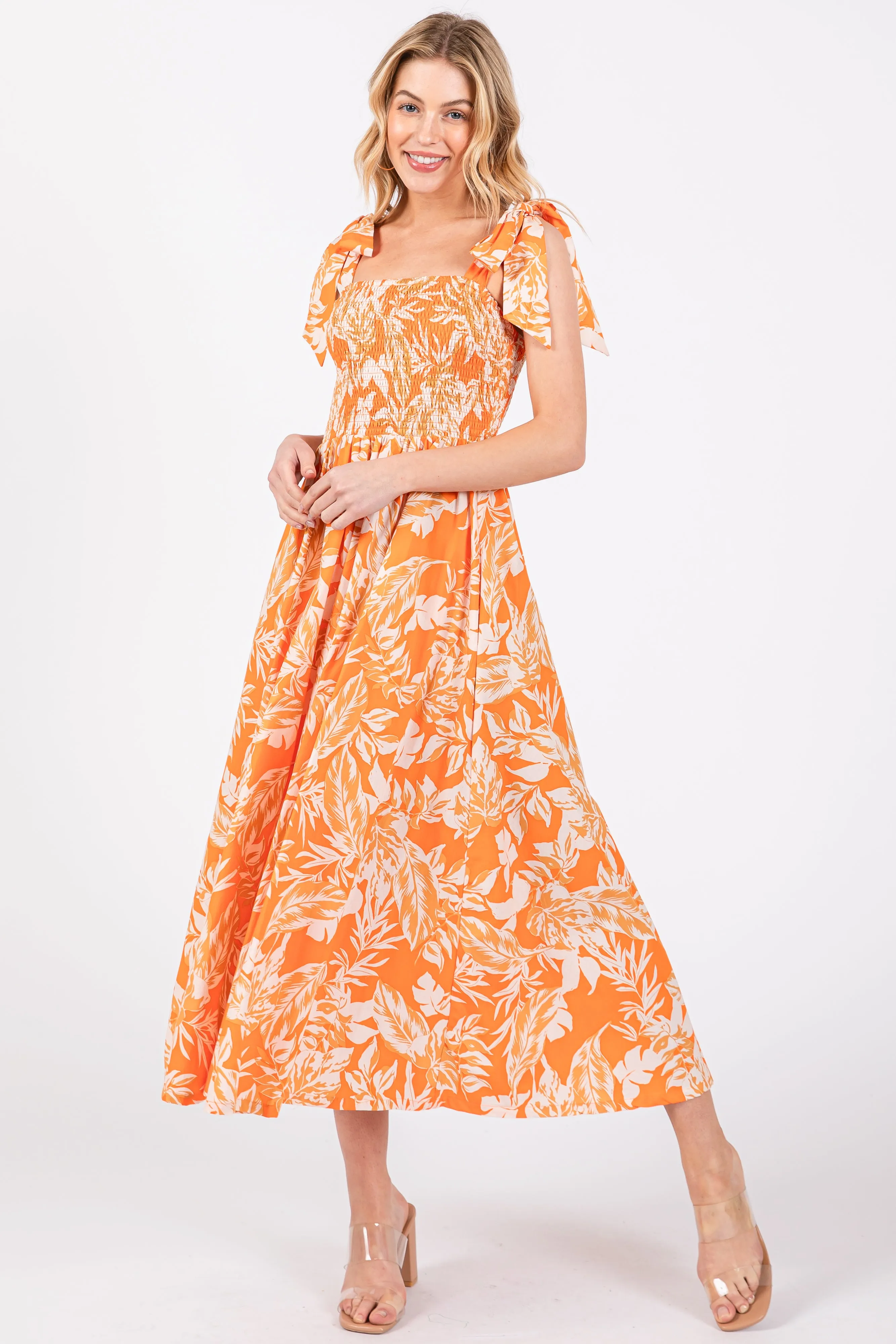 Orange Floral Smocked Tie Shoulder Midi Dress sold by Pinkblush