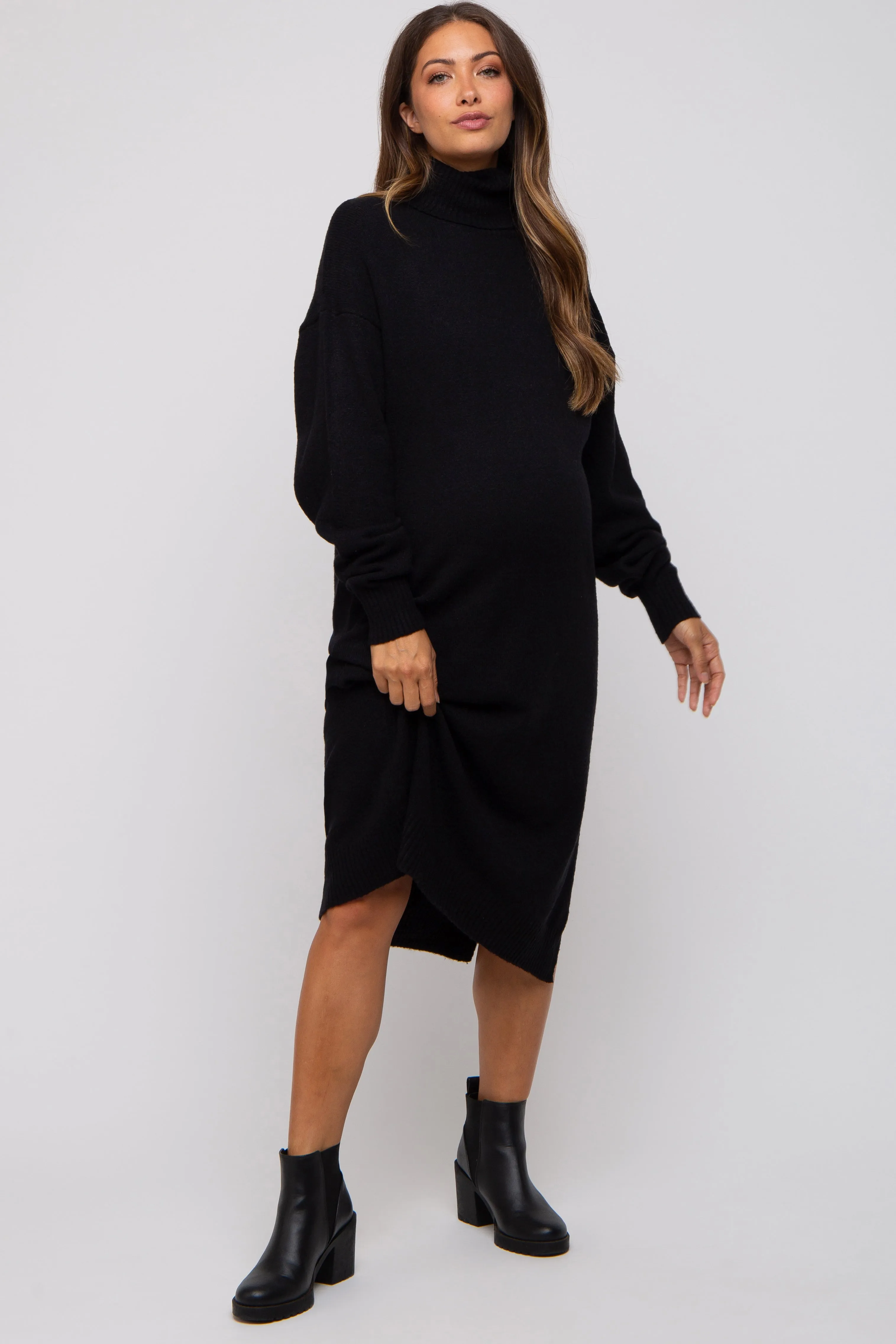Black Turtleneck Side Slit Sweater Maternity Midi Dress sold by Pinkblush product image thumbnail 5