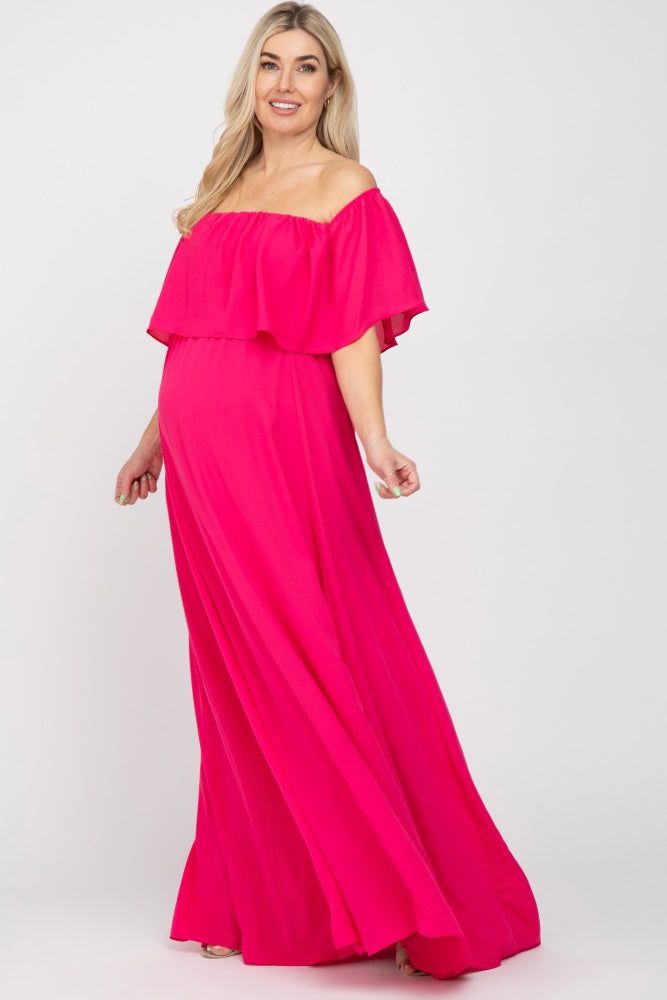 Fuchsia Chiffon Off Shoulder Maternity Gown sold by Pinkblush