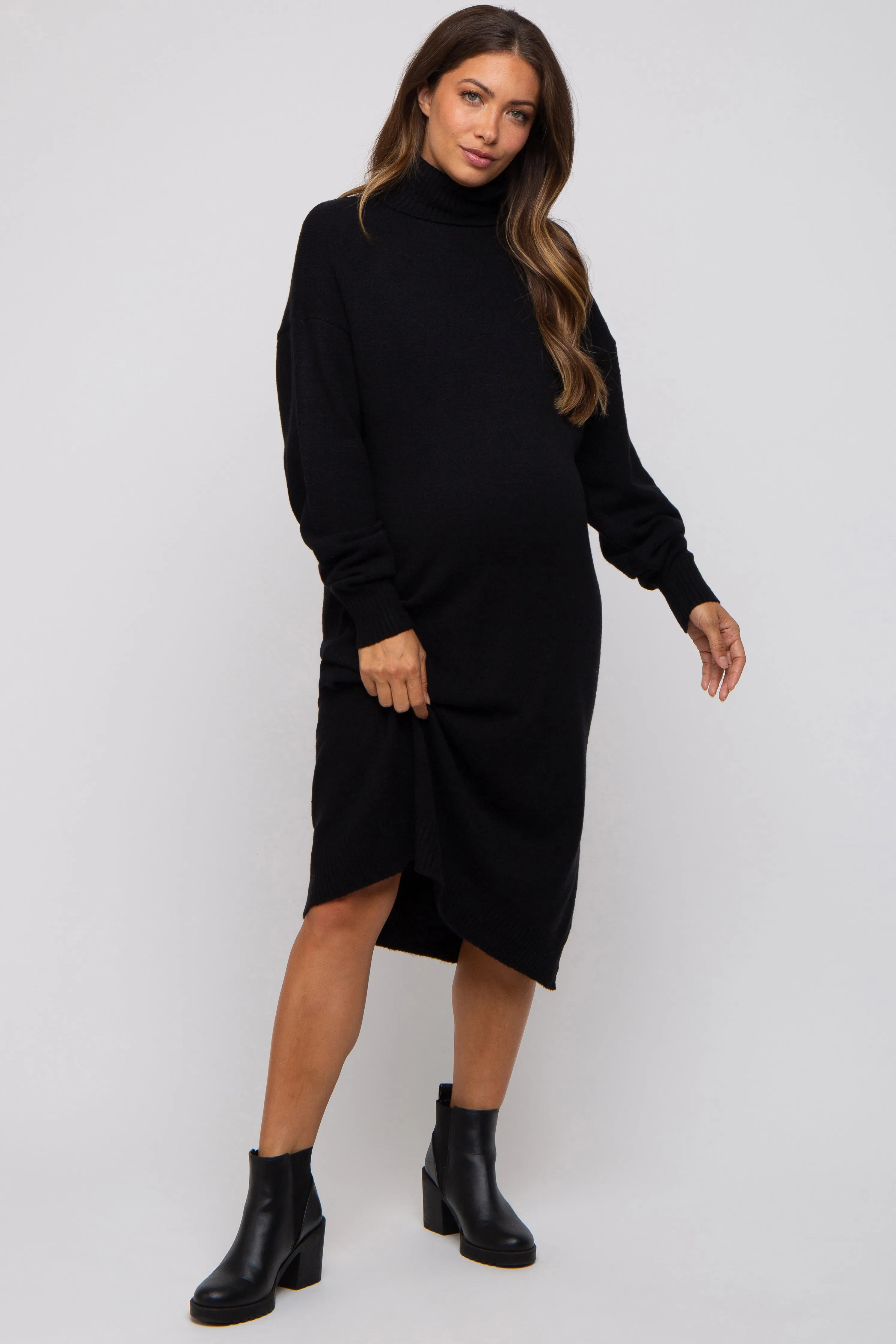 Black Turtleneck Side Slit Sweater Maternity Midi Dress sold by Pinkblush product image thumbnail 2