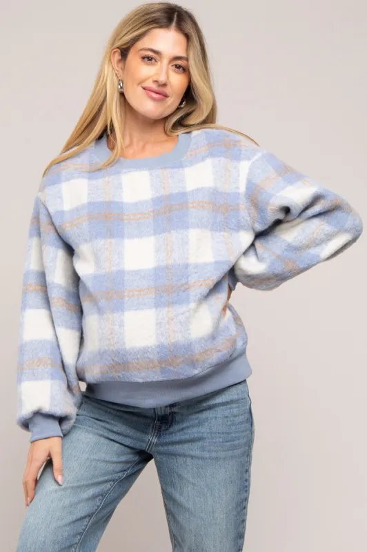 Light Blue Plaid Fuzzy Knit Maternity Pullover Sweater sold by Pinkblush