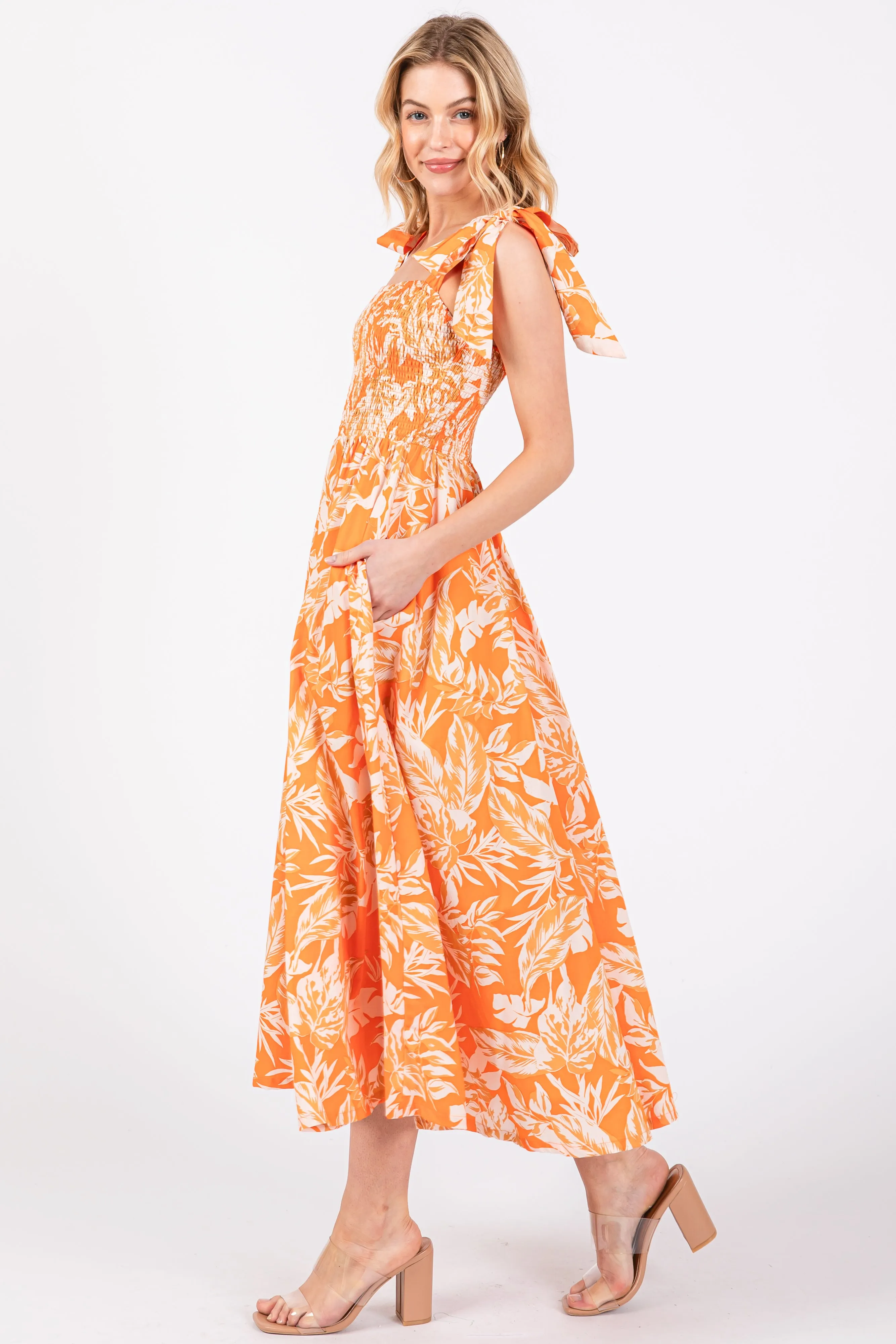 Orange Floral Smocked Tie Shoulder Midi Dress sold by Pinkblush product image thumbnail 2
