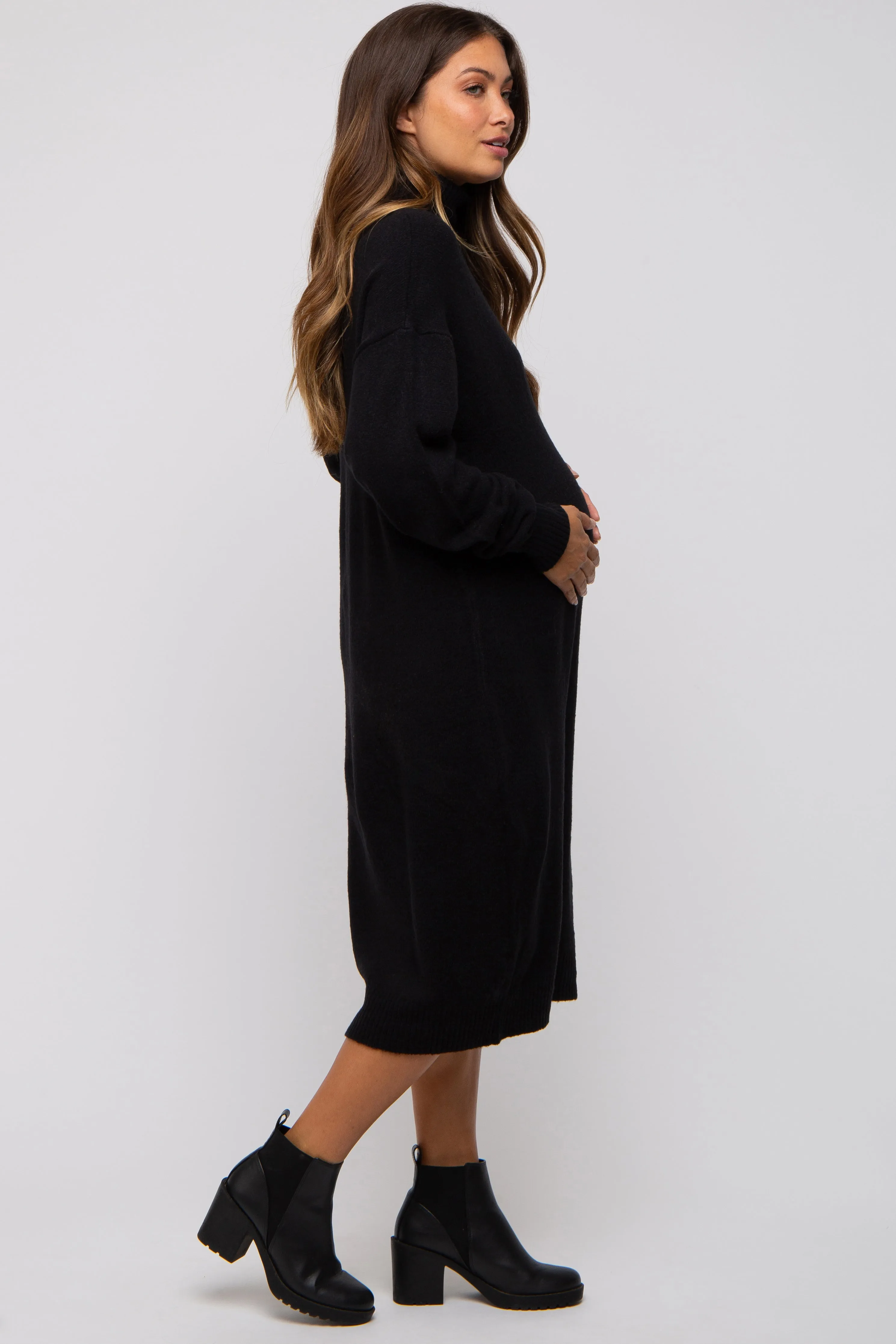 Black Turtleneck Side Slit Sweater Maternity Midi Dress sold by Pinkblush product image thumbnail 3